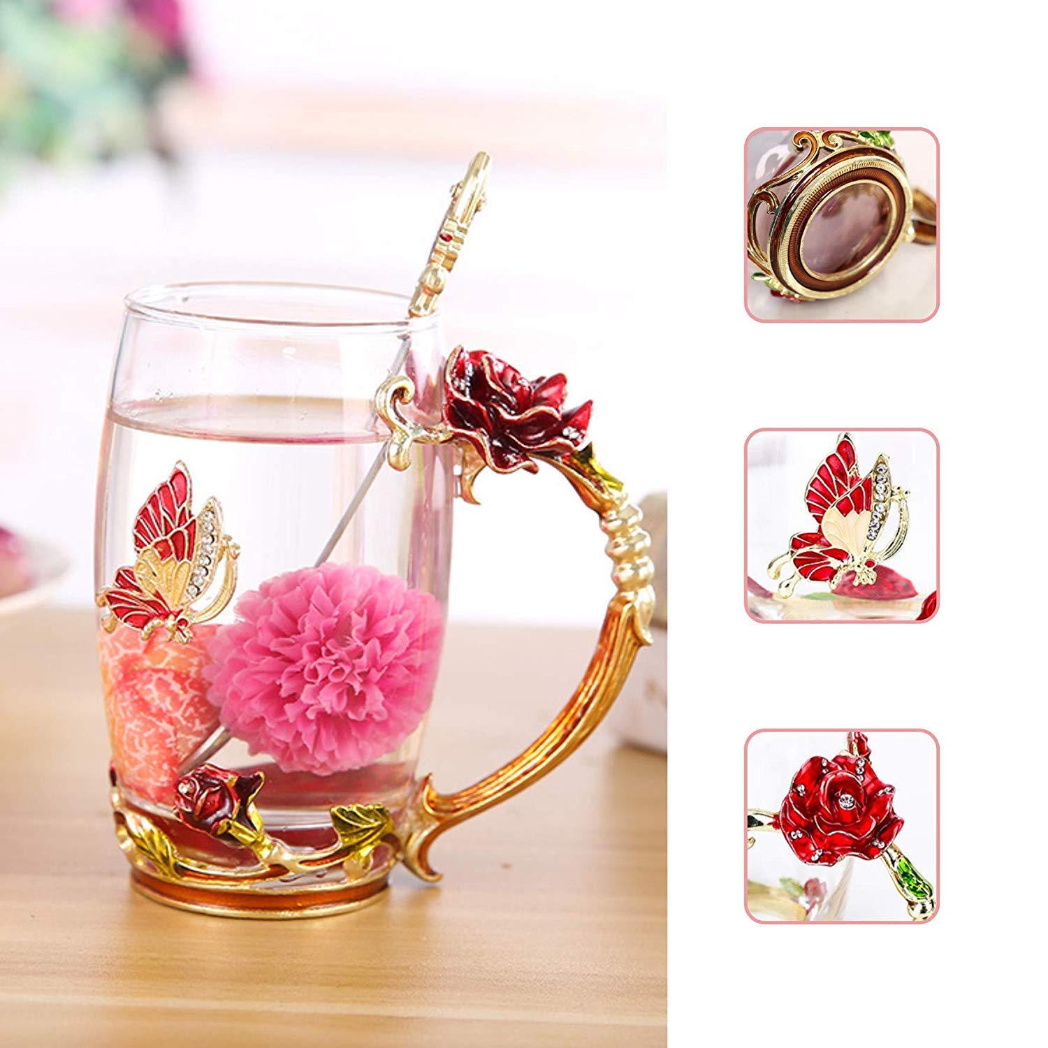 Dasyfly Birthday Gifts For Women,Enamel Butterfly Flower Glass Tea Cup Rose Red Coffee Mug,Cute Gifts For Mom Grandma Women Wife