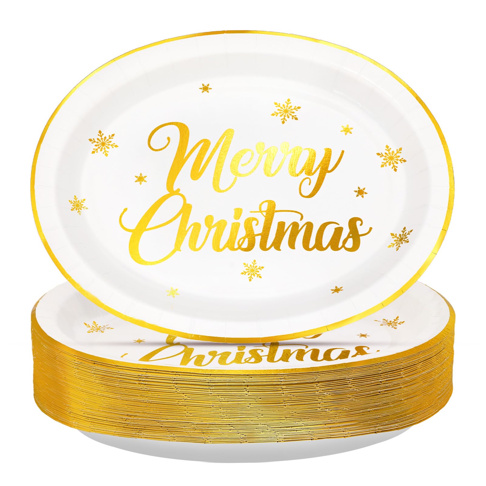 50Pcs Christmas Gold Foil Oval Paper Plates 10 x 12 Large Heavy Duty Merry Christmas Disposable Plates Xmas Holiday Paper Desser