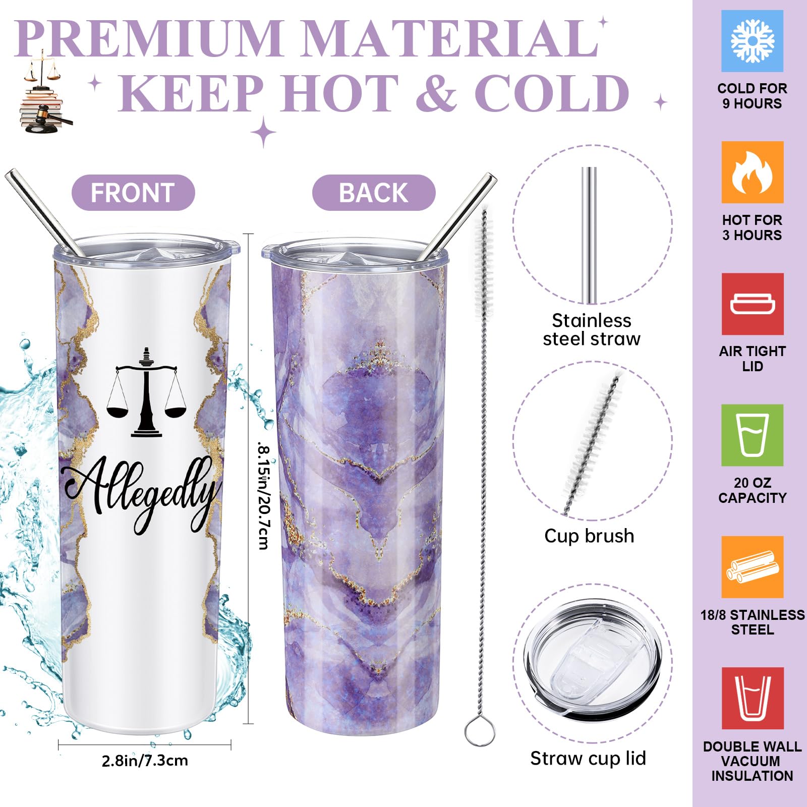 Domensi 6 Pcs Funny Allegedly Lawyer Gift Back To Law School Gift 20 Ounce Marble Sign Tumbler Makeup Bag Notepad Ballpoints Law