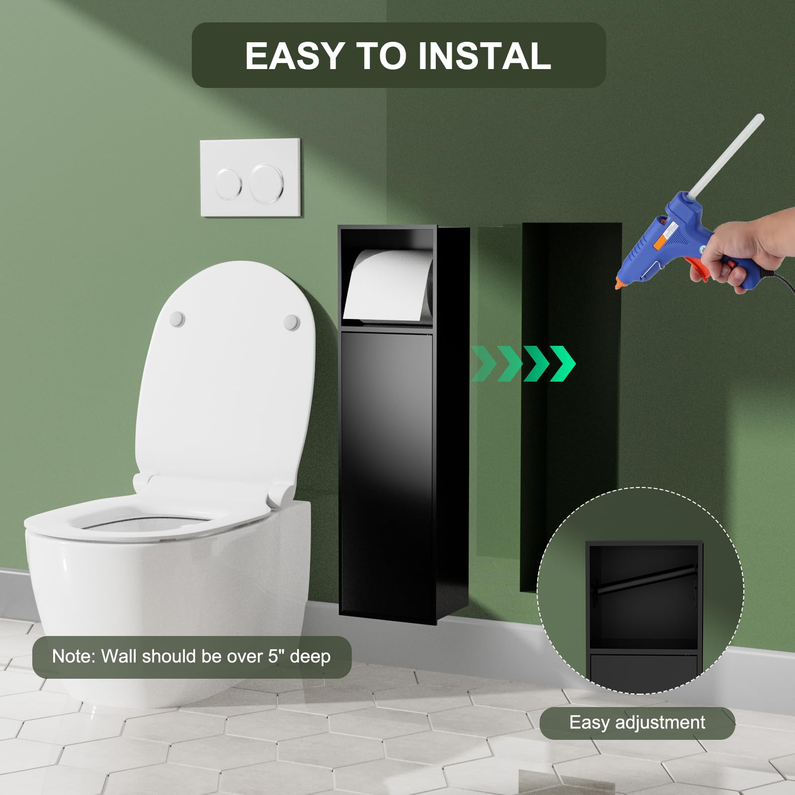 Baronage Black Recessed Toilet Paper Holder With Toilet Brush, 24 Inch Toilet Paper Niche Over-Mounted Wall Bathroom Storage 304