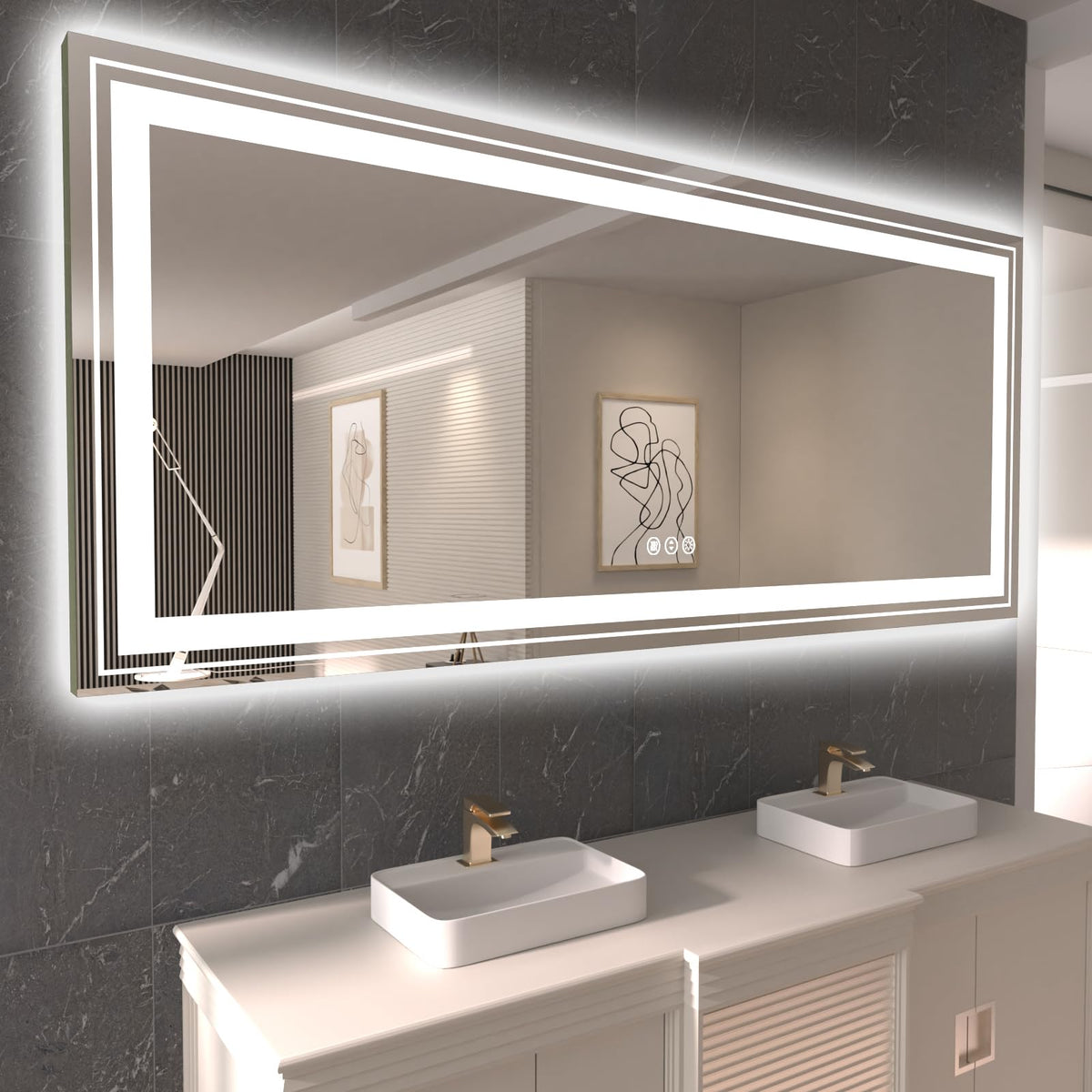 Snowdool Led Bathroom Mirror With Lights, 84 X 40 Inch Front And Backlit Mirror Bathroom, Anti-Fog Lighted Vanity Mirror, Steple