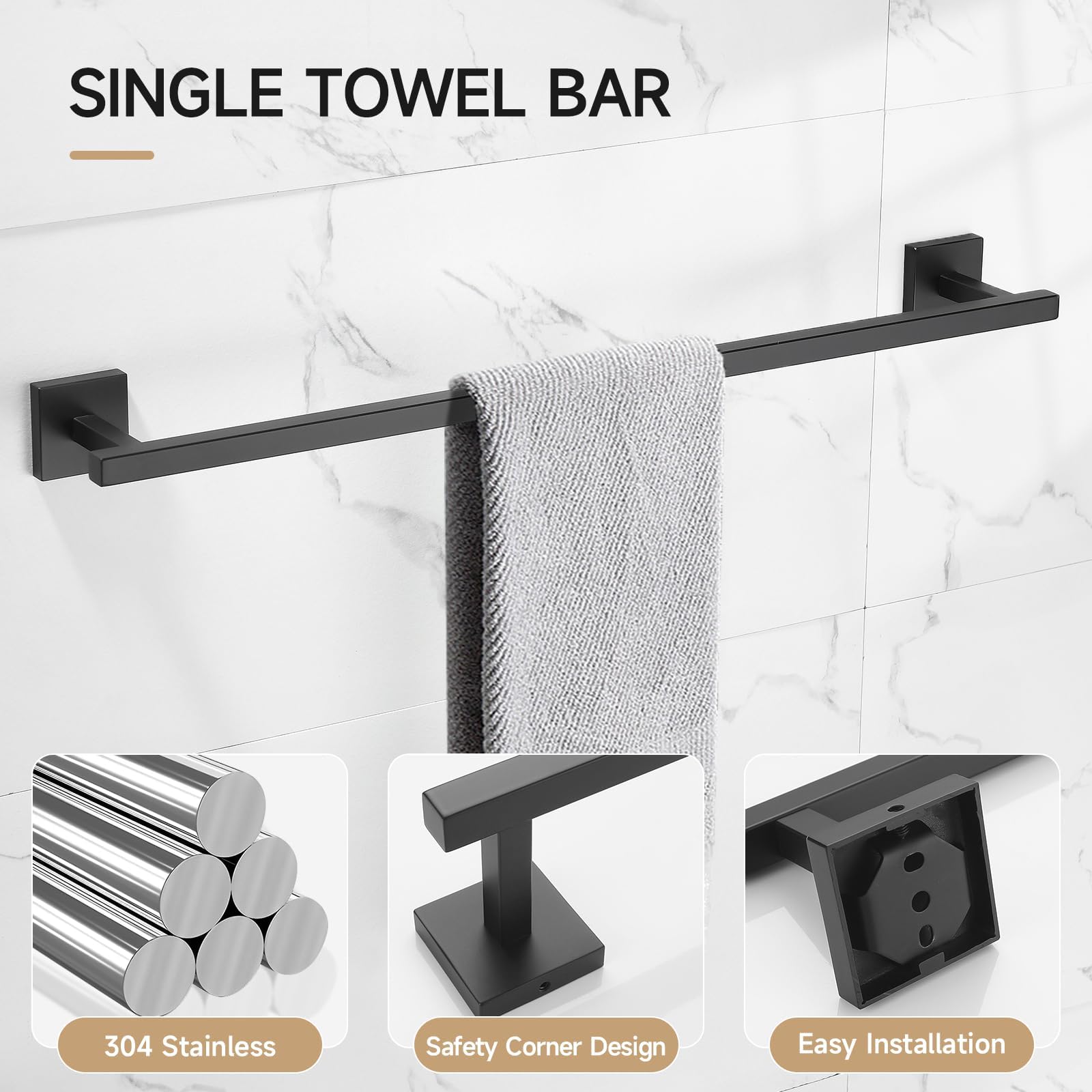 Tqkag 5-Piece Matte Black Bathroom Hardware Set Classic Wall Mounted Bathroom Accessories Set Sus304 Stainless Steel Towel Bar S