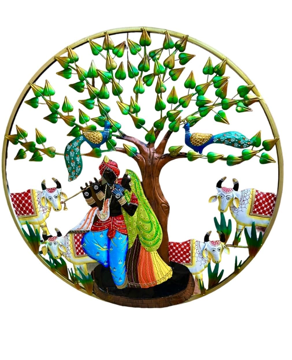 Rsn Vintage Metal Radha Krishna Cow With Led Light Wall Art Frame, Wall Hangings For Home Decoration, Wall Sculpture For Living