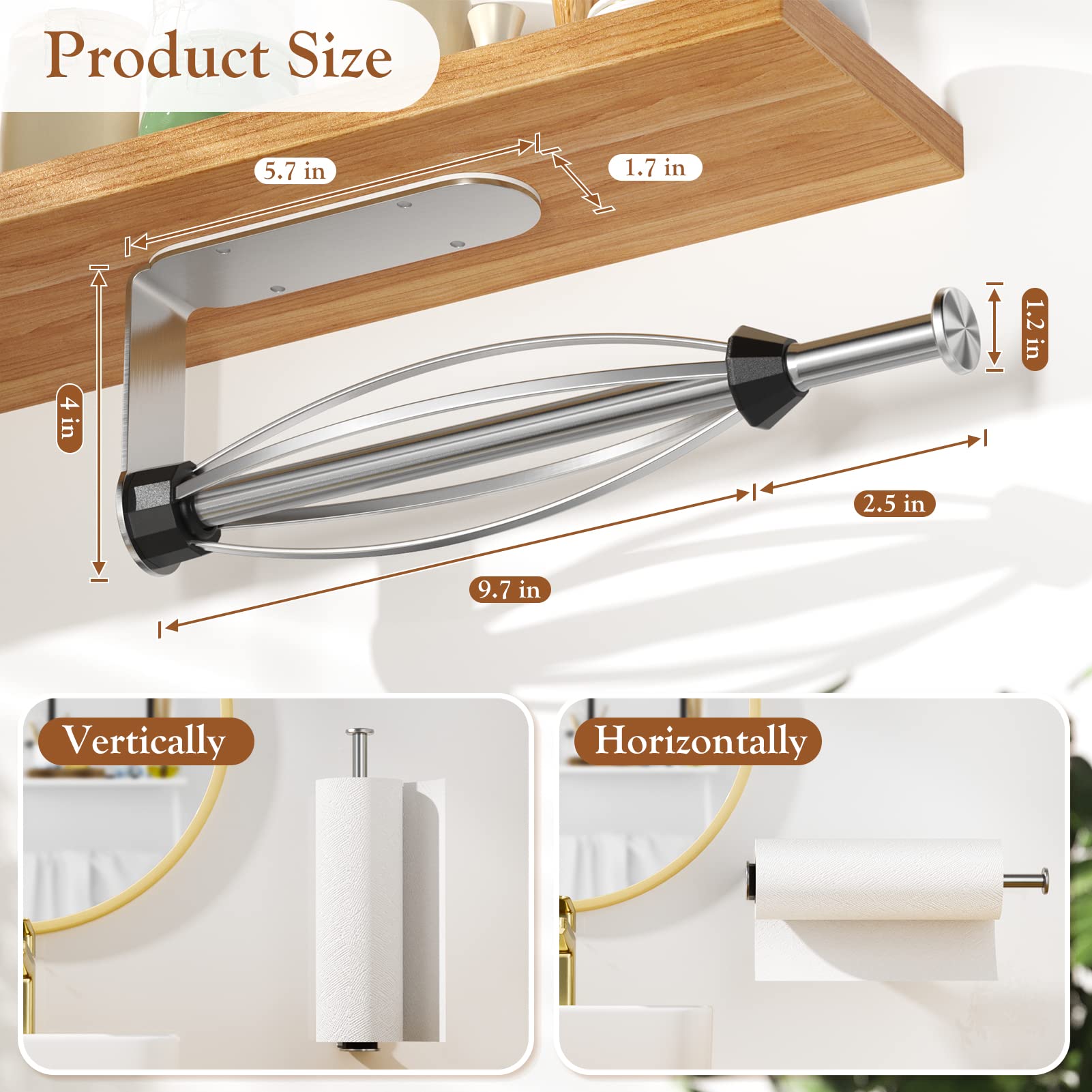 Paper Towel Holder Under Cabinet + Towel Robe Hooks, Single Hand Operable Under Cabinet Paper Towel Holder With Damping Effect A