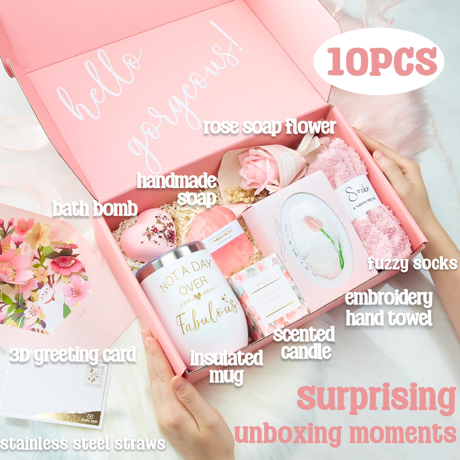 UNBOXMENT Self Care Gifts for Women, Unique Birthday Gifts for Mom, Relaxing Spa Gifts for Women, Thinking of You Pink Gift Bask