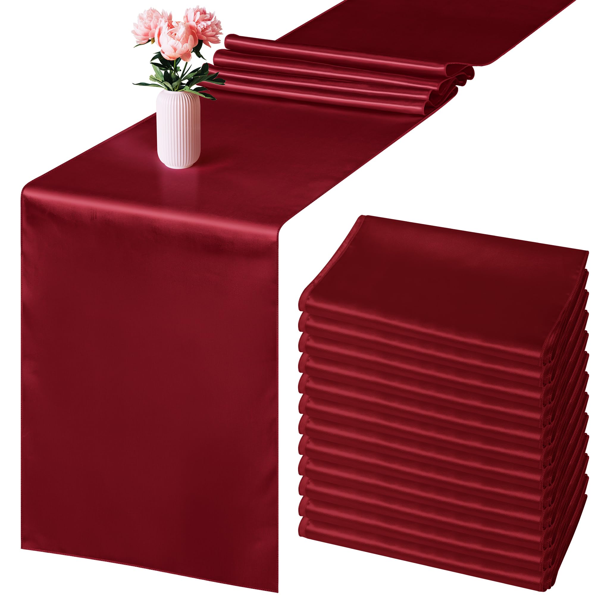 Aneco 12 Pack Satin Table Runner 12 X 108 Inch Burgundy Long Wedding Satin Silk Table Runner For Wedding Banquet Graduations Bir