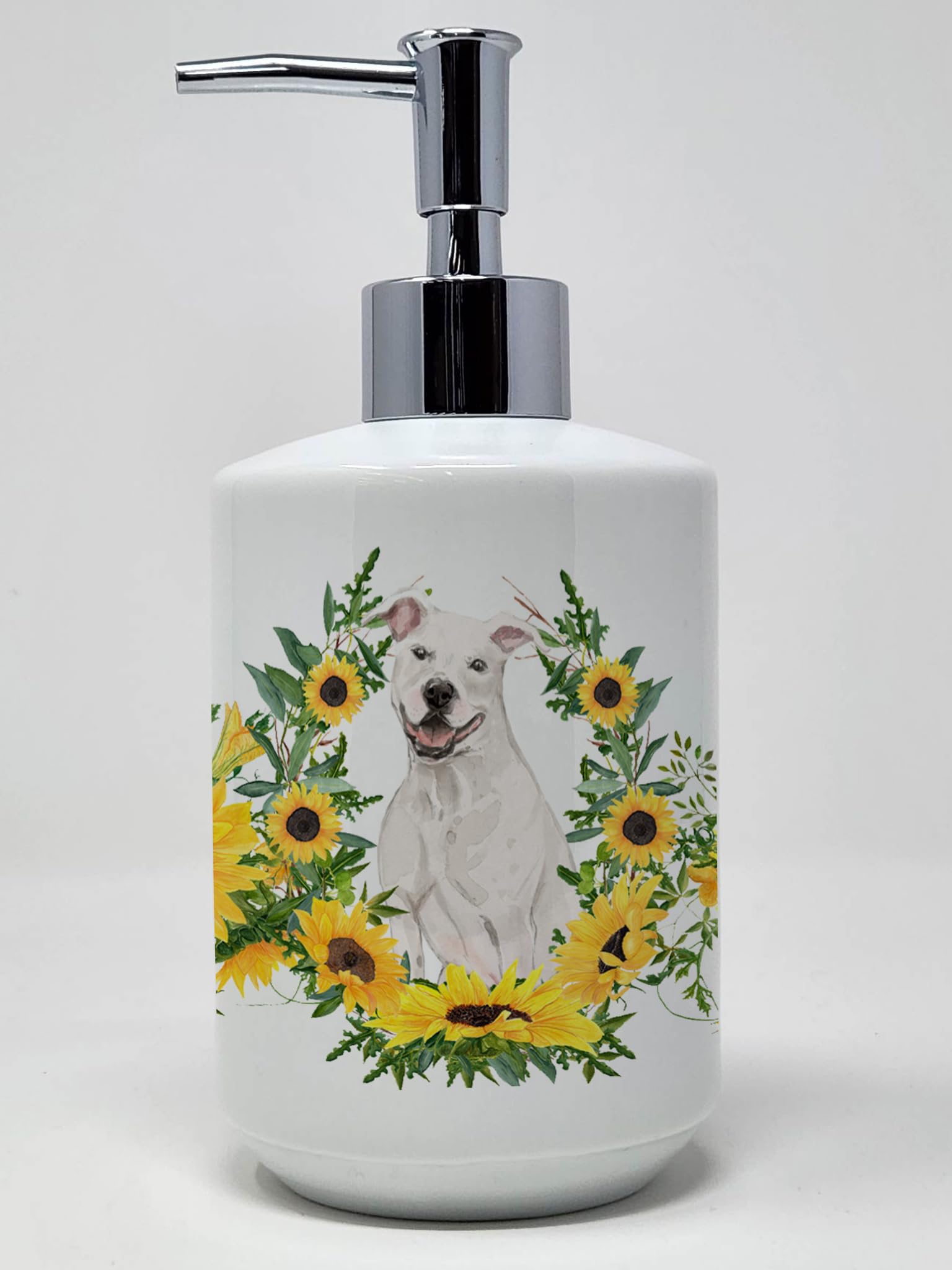 Caroline'S Treasures Ck2925Soap White Staffordshire Bull Terrier In Sunflowers Ceramic Soap Dispenser Hand Soap Dispenser Pump B