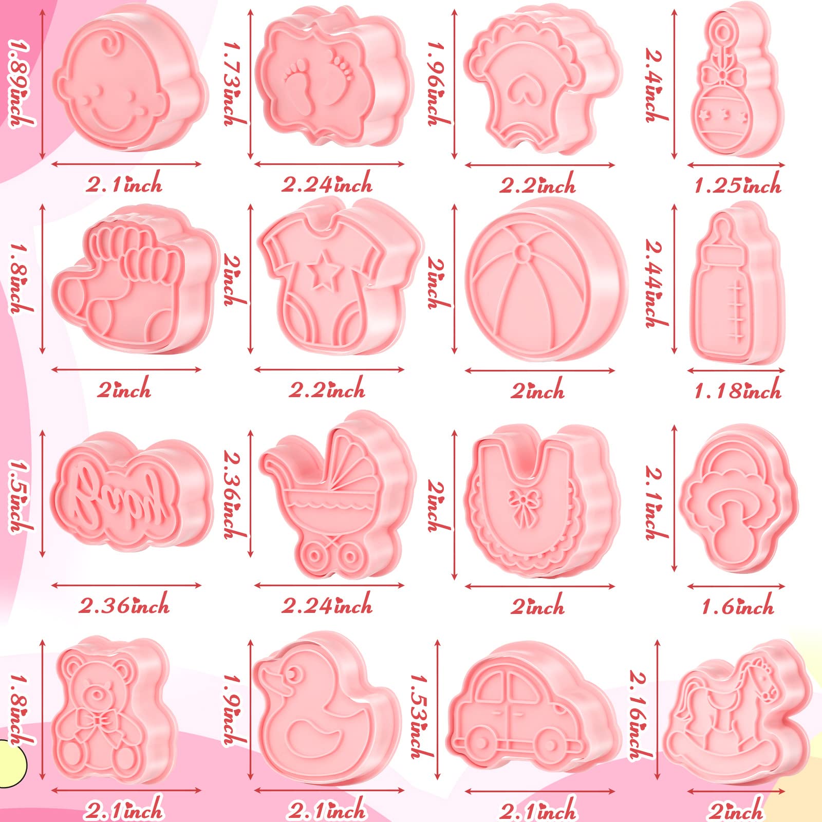 Jinei 16 Pcs Baby Shower Cookie Cutters Set - Pink Polypropylene Molds with Plunger Stamps for Baking and DIY Fondant 3D Desserts
