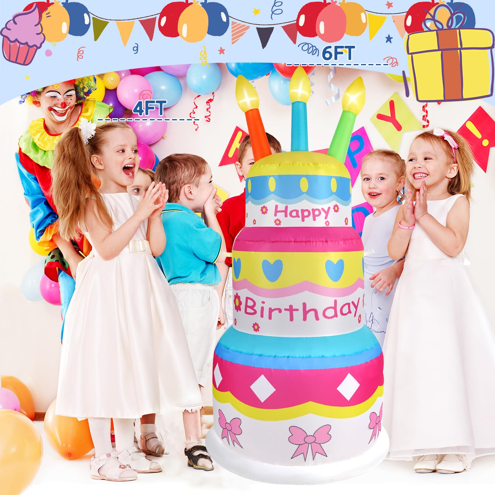 InfleasJoiy 6ft Inflatable Happy Birthday Cake with Candles, Built-in LED Lights, Inflatable Decoration for Indoor and Outdoor Y