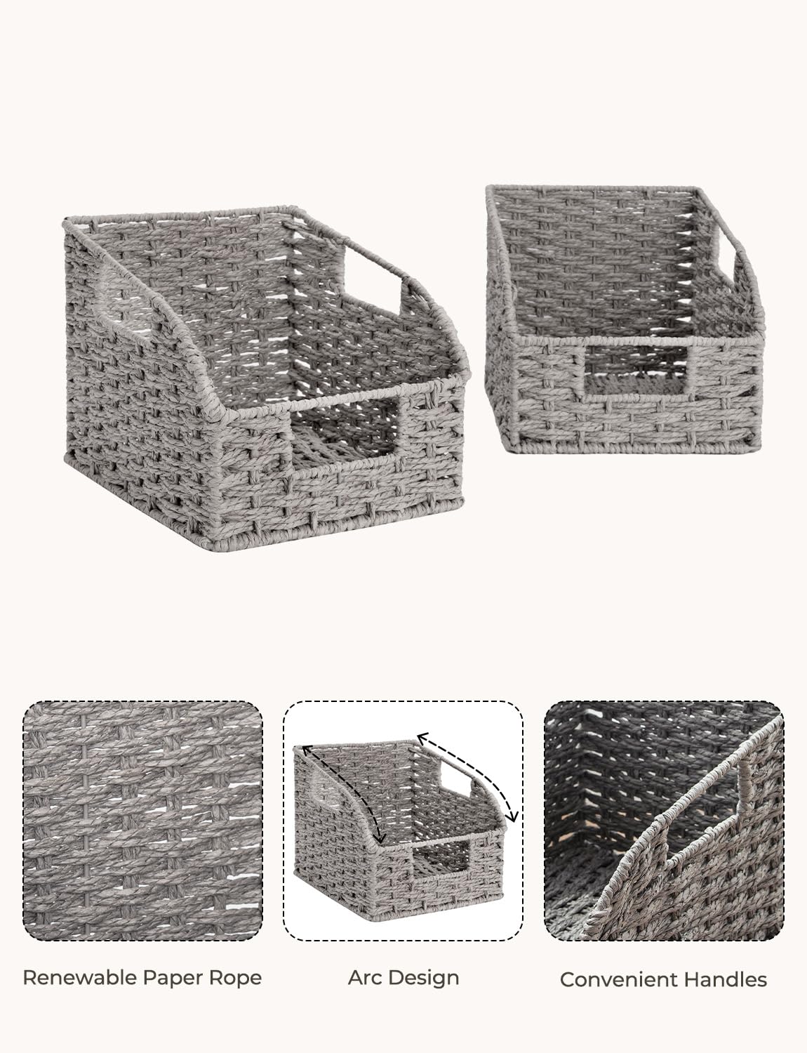 Storageworks Round Paper Rope Storage Baskets With Built-In Handles, Hand Woven Baskets For Organizing, Gray, 8 Al X 9 Aw X 7 Ah