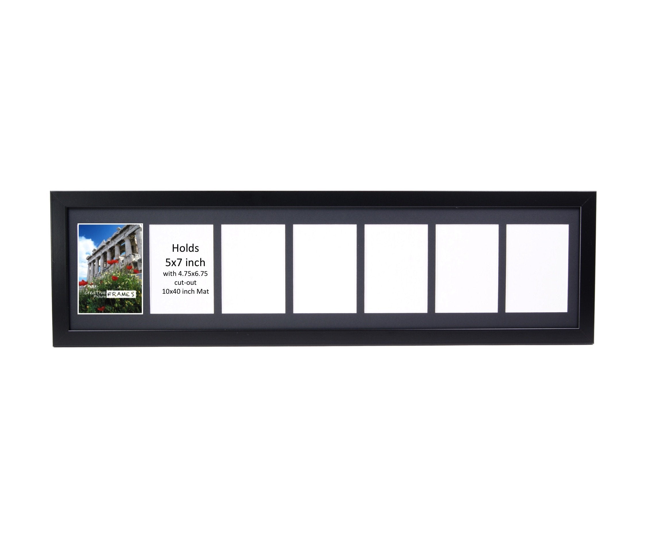 CreativePF- 7 Opening Black Picture Frame Holds 5 by 7-inch Media with 10x40-inch Black Mat Collage including Full Strength Glas