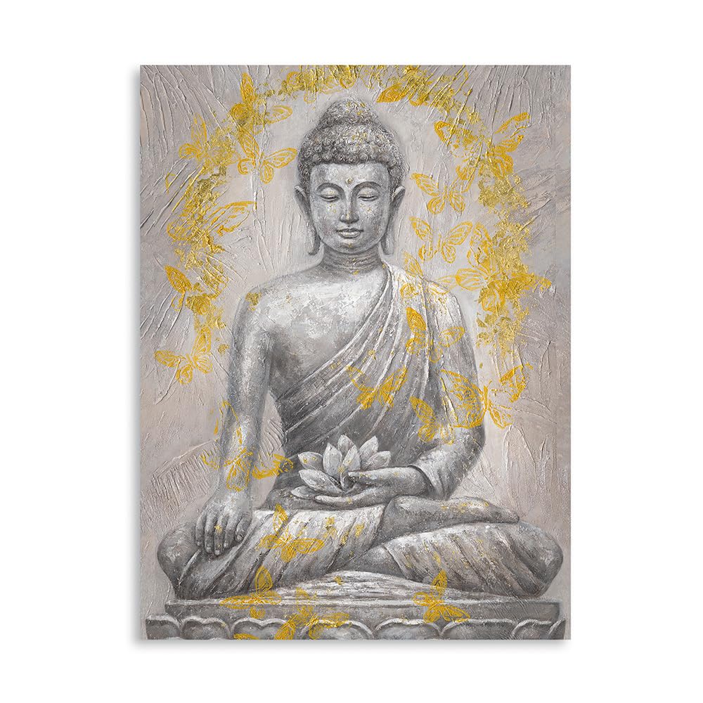 Yidepot Buddha Canvas Wall Art Gold-foil: Zen Statue Textured Print with Lotus Flower for Buddhism Prayer Wall Decor Inspiration