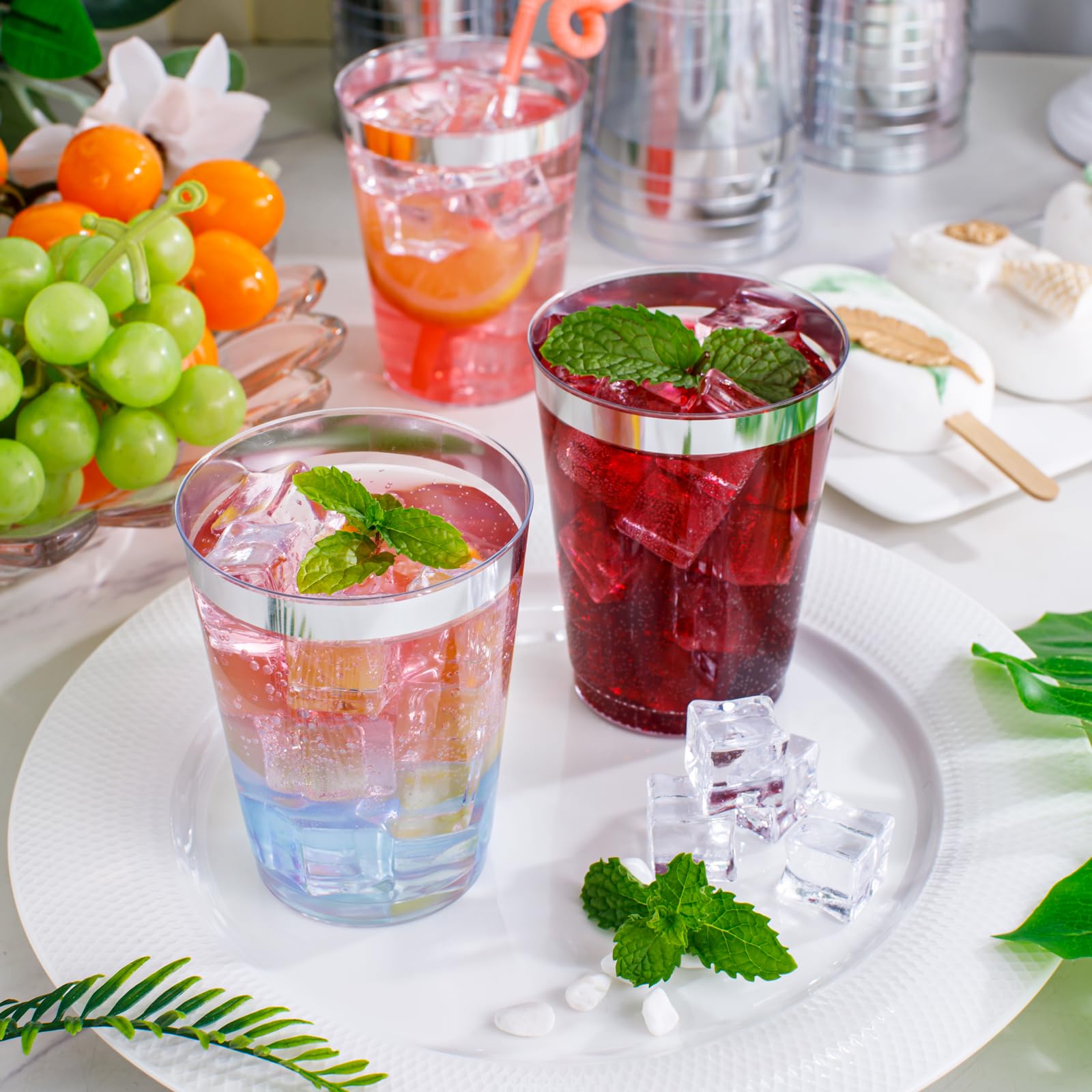 Supernal 200Pcs 10Oz Silver Plastic Cups,Disposable Plastic Cups,Silver Rimmed Plastic Cups For Wedding, Halloween,Thanksgiving