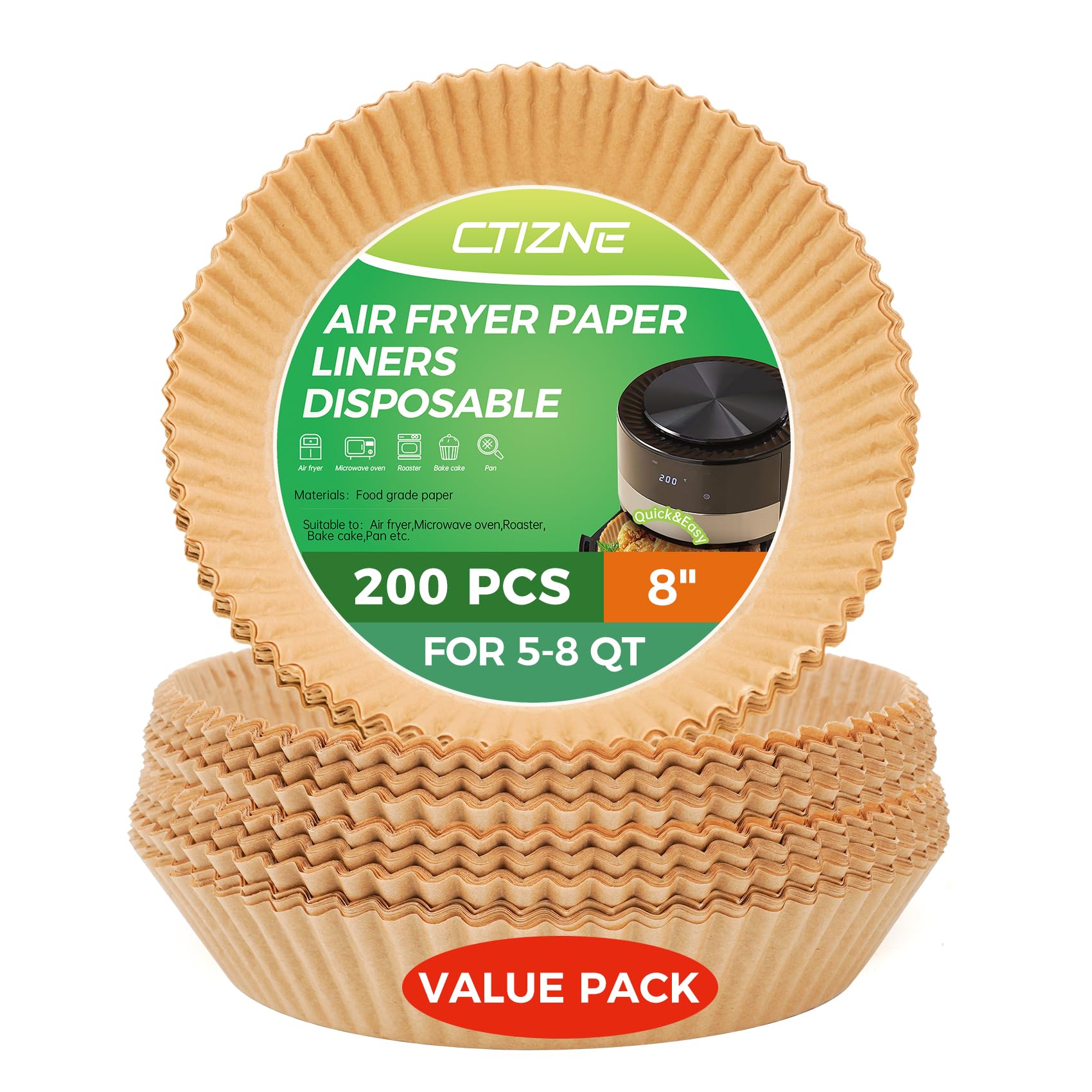 Ctizne Air Fryer Paper Liners Disposable, 200Pcs 8Inch Airfryer Oven Insert Parchment Paper Sheets Round, Non Stick Food Grade B