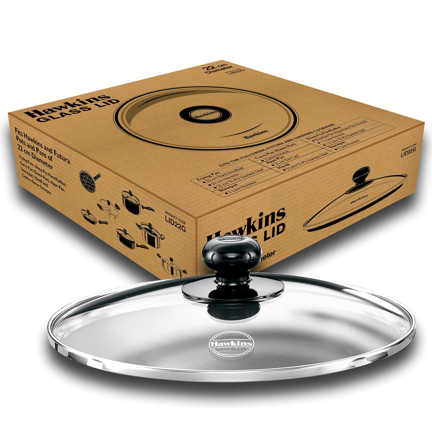 Hawkins 22 Cm Glass Lid, Toughened Glass Lid With Stainless Steel Rim, Transparent (Lid22G)