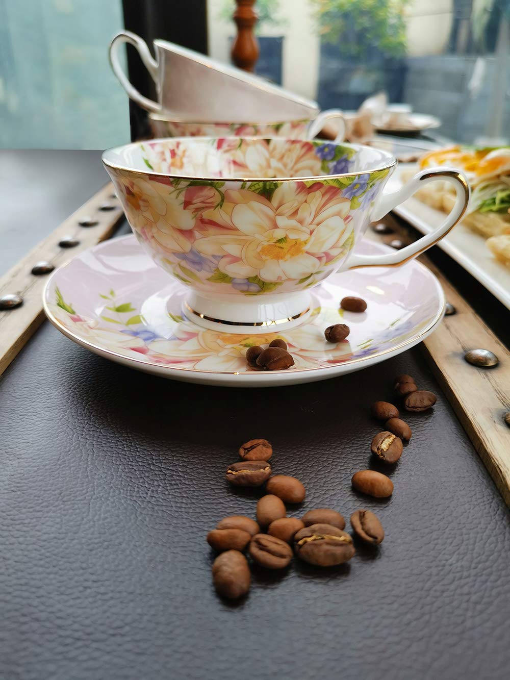 Jinglory Pink Tea Cup,Floral Tea Cup And Saucer Set,Bone China Tea Set,Coffee Cup,Tea Set For Adults/Friends/Women/Men,7Oz