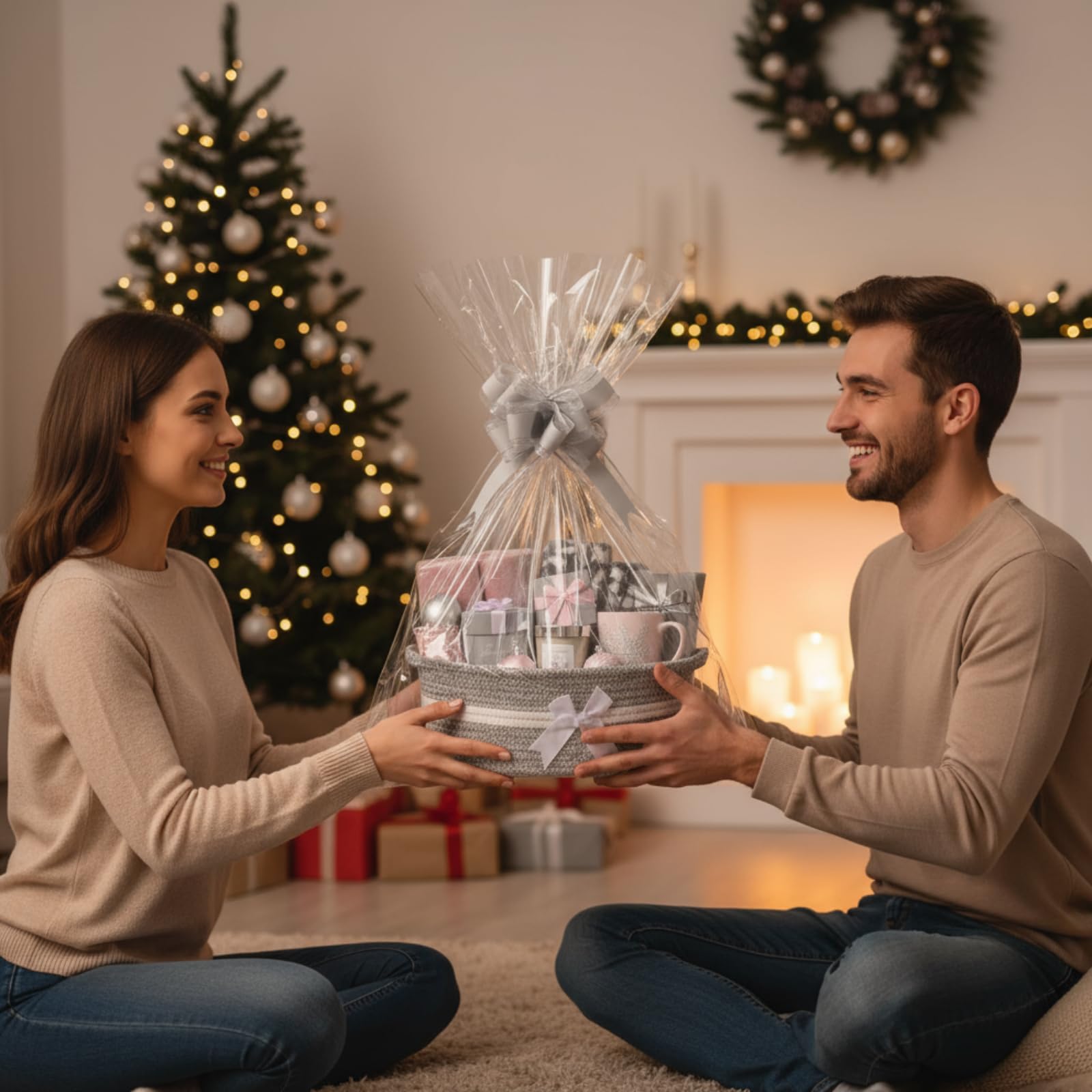 Colingmill 2 Pack Christmas Woven Gift Basket Empty with Ribbon Bow, 12x 8x 5 Christmas Chest Box with Gift Bags Candy Bas