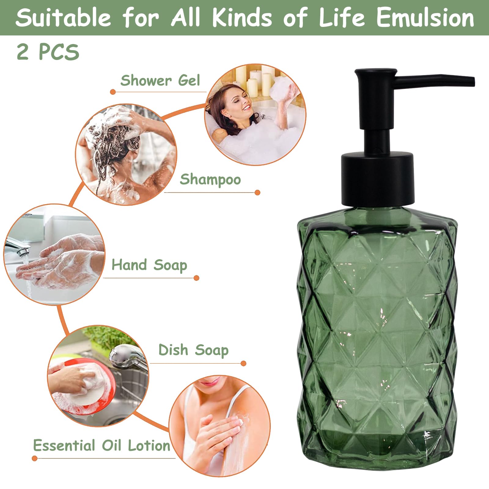 Green Glass Soap Dispenser With Black Plastic Pump, 12Oz Refillable Liquid Hand Soap Dispenser, 2 Pack Crystal Lotion Bottle For