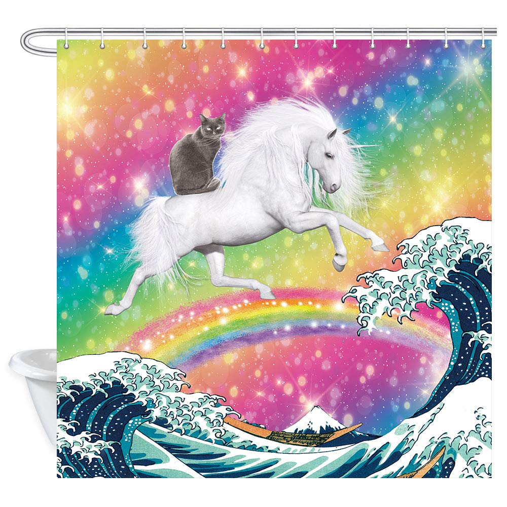 Jawo Funny Cat Shower Curtain, Cool Cat Riding Unicorn On Ocean Wave Colorful Bathroom Curtains, Rainbow Stars Kids Girls Shower