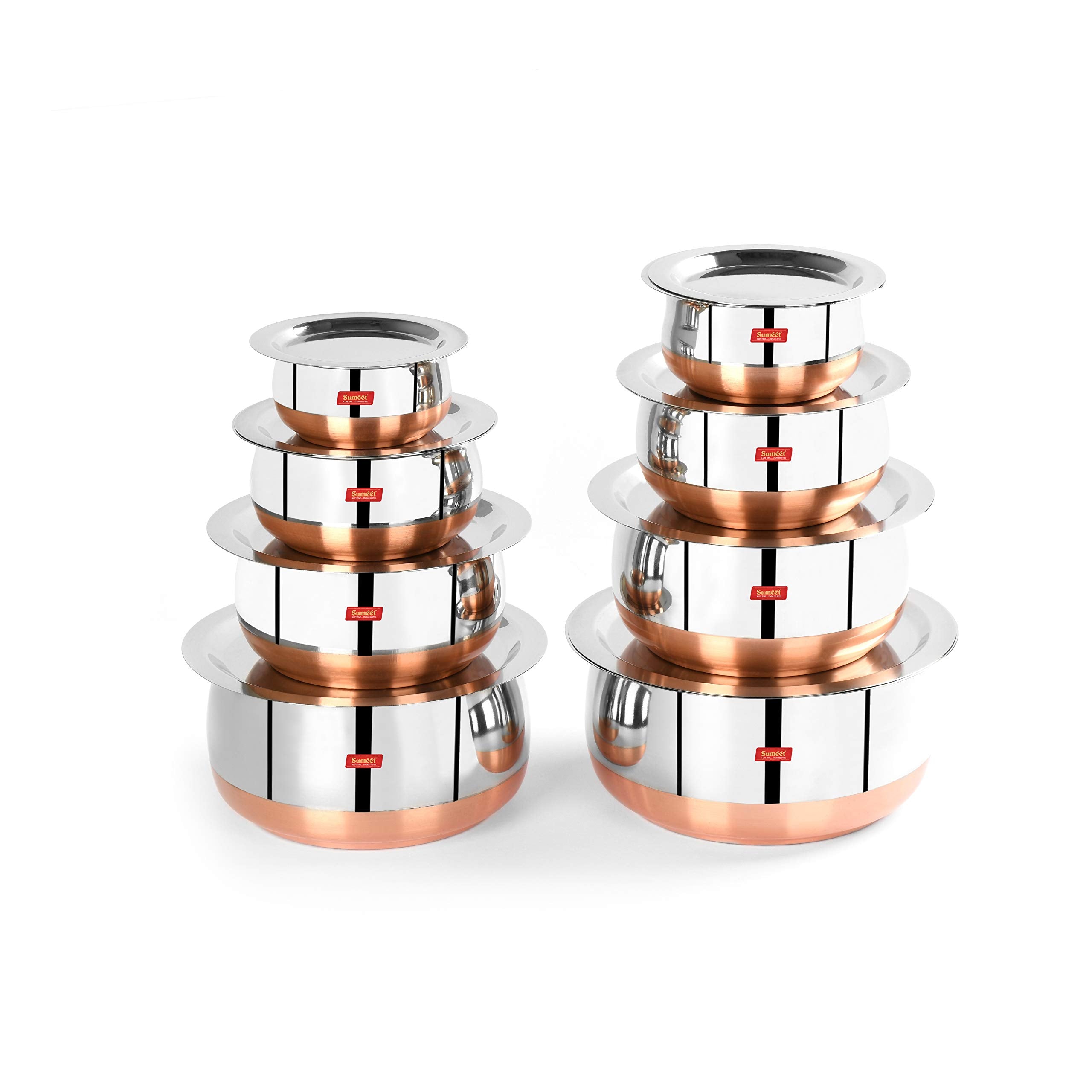 Sumeet Stainless Steel Copper Bottom Belly Shape 8 Pc Tope Cookware Pot Set with Lid 380ML  500ML  780ML  1.1Ltr  1.4Ltr  1.75Ltr  2.4Lt  3.Ltr (Silver)