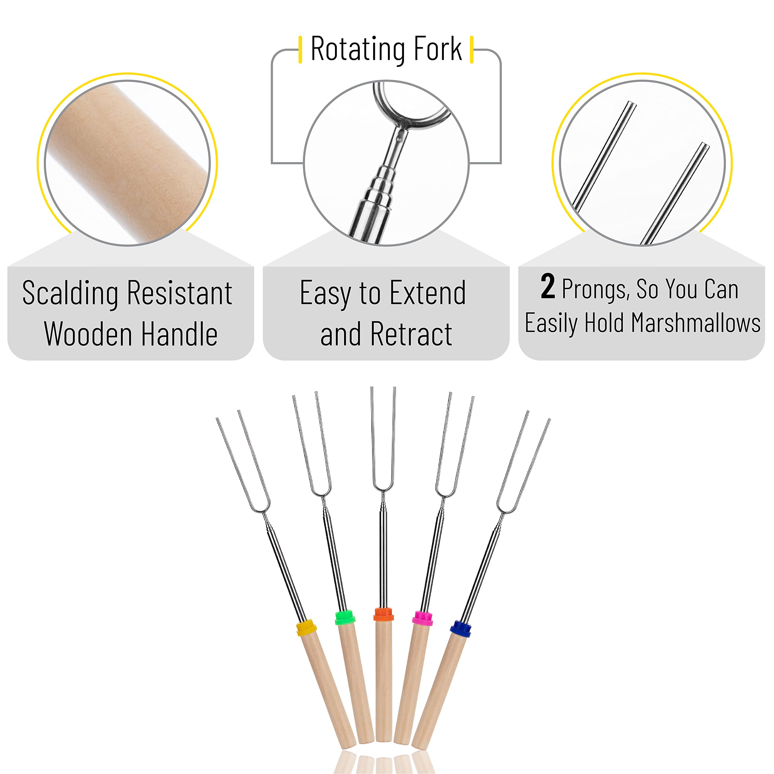 UNCO- Marshmallow Roasting Sticks  5 Pack  32  Extendable Stainless Steel Campfire Smores Sticks  Hot Dog Sticks for Campfire  Roasting Sticks for Fire Pit  Smores Skewers
