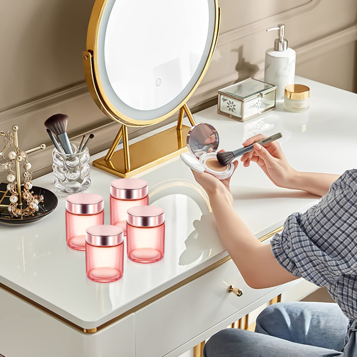 Cositina 4 Pack 3.4 Oz Pink Glass Jars With Rose-Golden Lids & Inner Liners,Empty Round Storage Containers Travel Jars Pot,For C