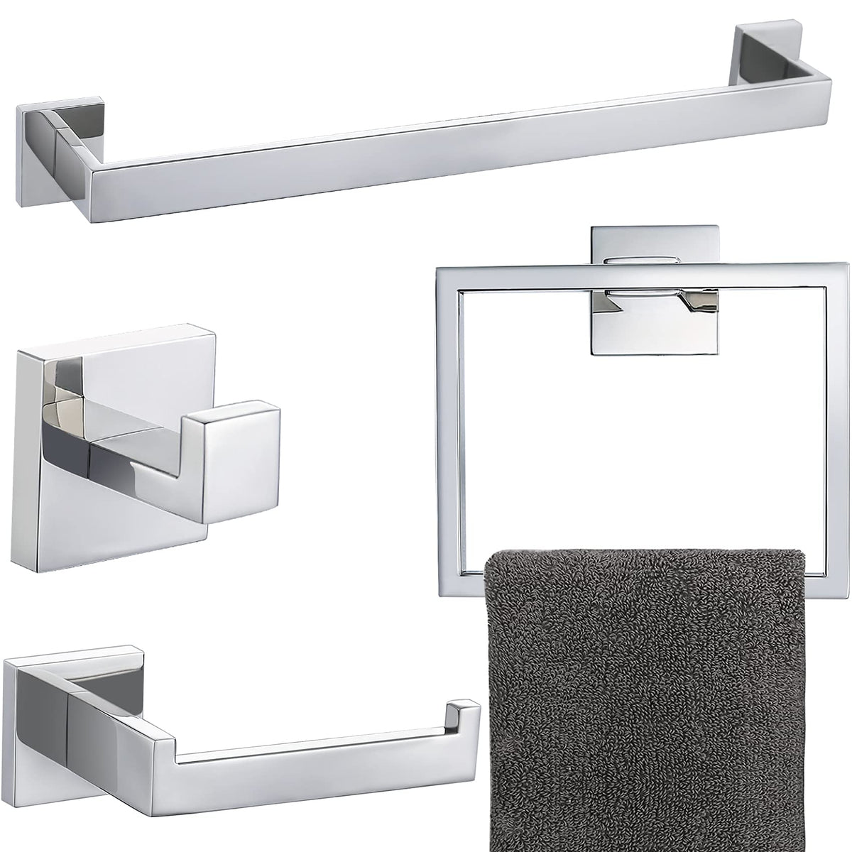 4-Piece Bathroom Hardware Set Chrome Bath Towel Bar Holder Sets Wall Mounted Stainless Steel Bathroom Accessory Kit, Polished Ch