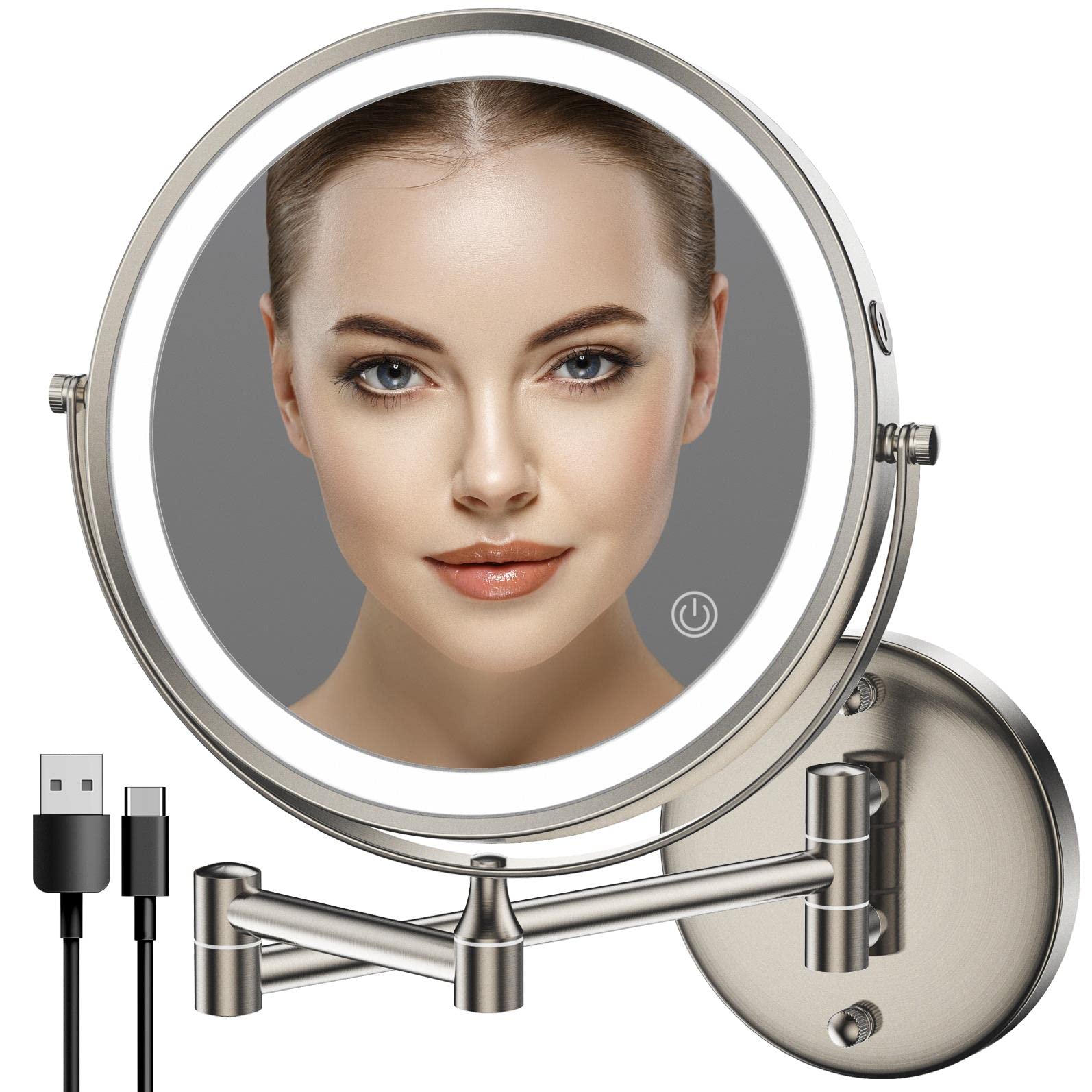 Rocollos Rechargeable Wall Mounted Lighted Makeup Mirror, 8 Inch Double-Sided Led Vanity Mirror 1X/10X Magnification,3 Color Lig