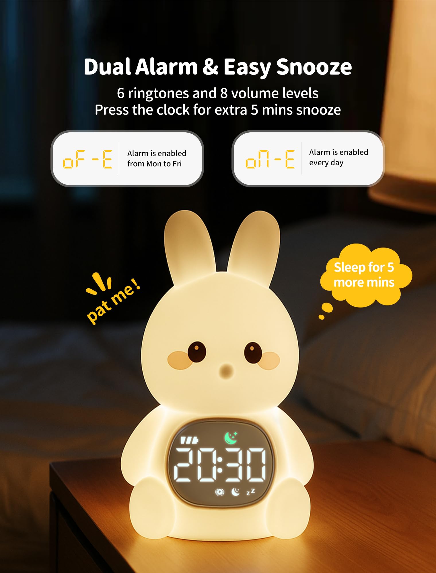 MASHI Bunny Alarm Clock, Toddler Sleep Training Clock with Sun & Moon, Sleep Sound Machine, Night Lights, Alarm Clock for Kids,