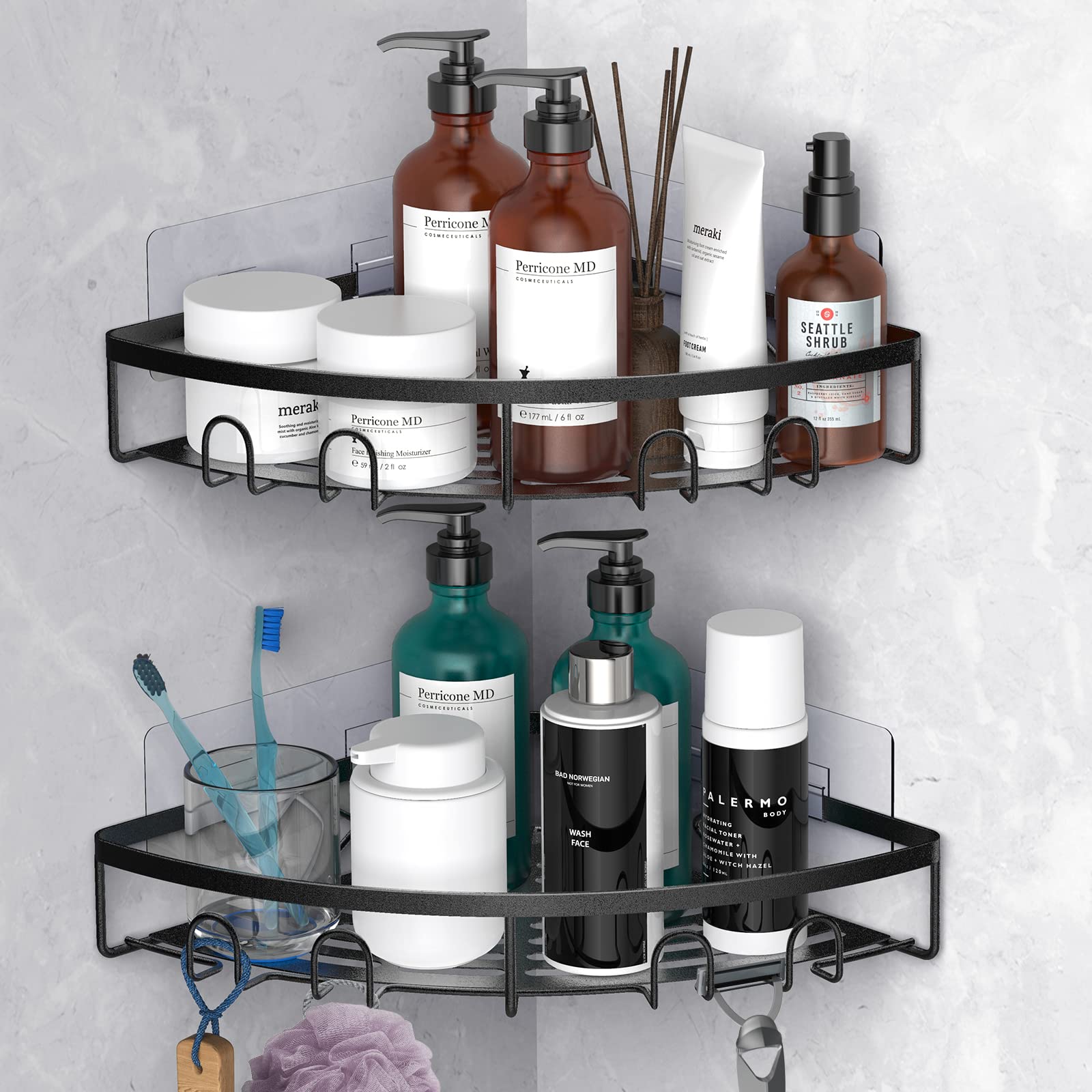 Kerisgo Corner Shower Caddy  2 Pack Adhesive Bathroom Shower Corner Organizer Shelf  No Drilling Rustproof Wall Mounted Shower Storage Rack Shampoo Holder Organizer (Black)