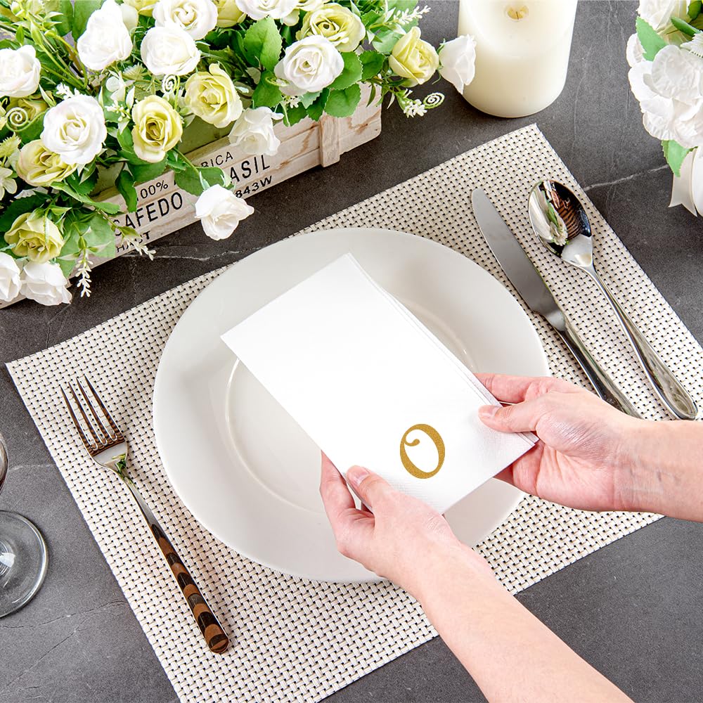 Luxenap 15.8 X 7.9 Inch Linen-Feel Guest Towels, 2000 Lettered Hand Towels - Gold Letter 'O', Cursive Font, White Paper Dinner N