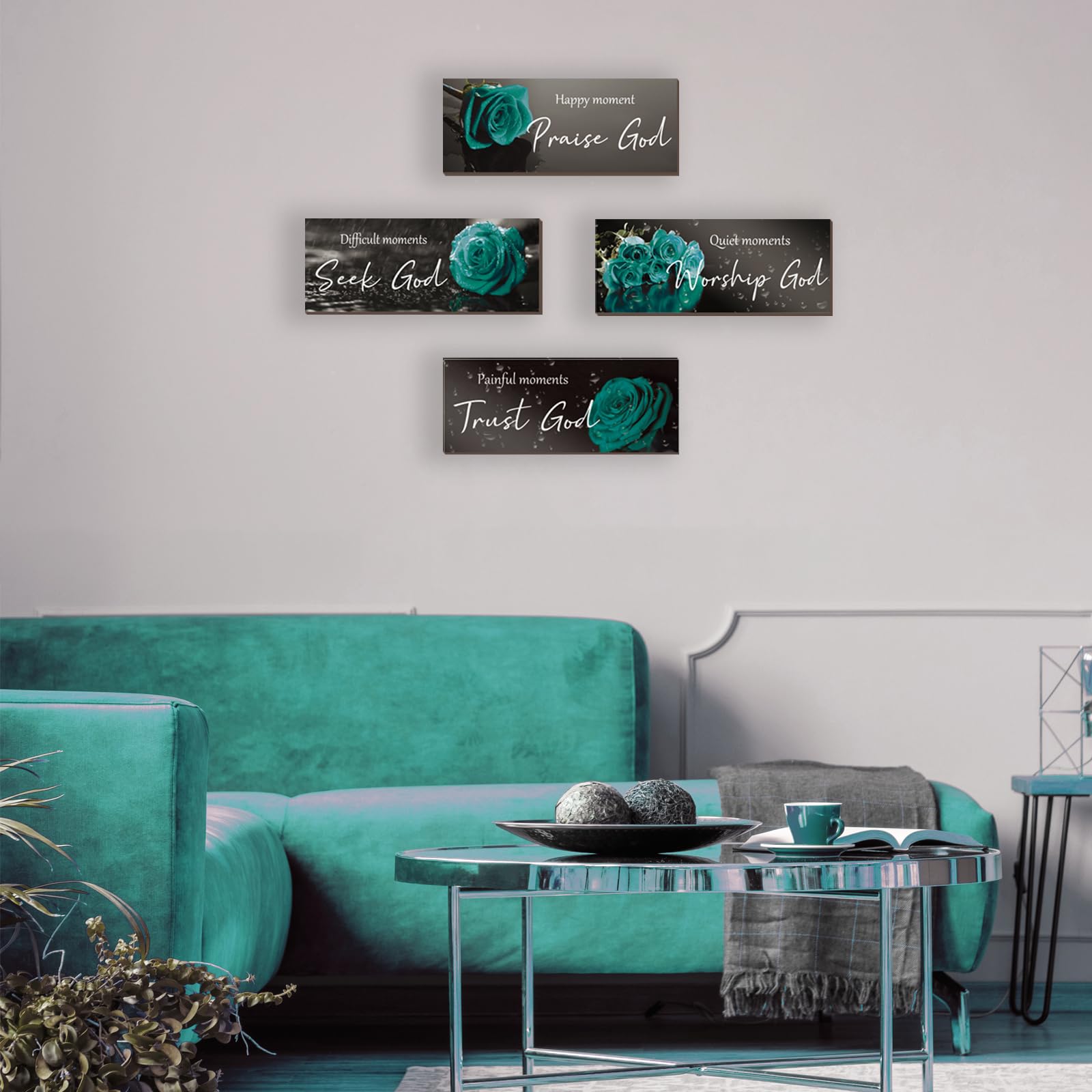 ONIZHITY 4 Pcs Teal Bathroom Decor Religious Wall Art Turquoise Bathroom Bible Verse Inspirational Teal Rose Wall Decor Wooden C