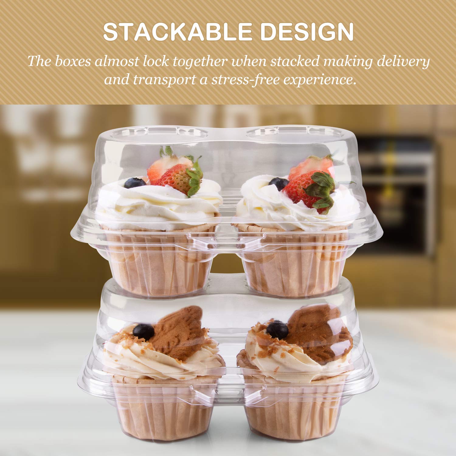 Himetsuya 2 Cavity Cupcake Boxes-Stackable Regular Cupcake Carrier Holder, Thicker Clear Cupcake Boxes, Non-Slip High Topping Cu
