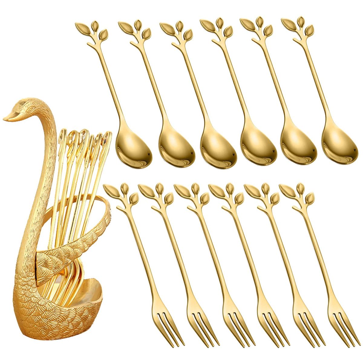 13 Piece Gold Mini Spoons And Forks With Swan Spoon Holder Small Spoons For Dessert Appetizer Spoons Stainless Steel Gold Servin