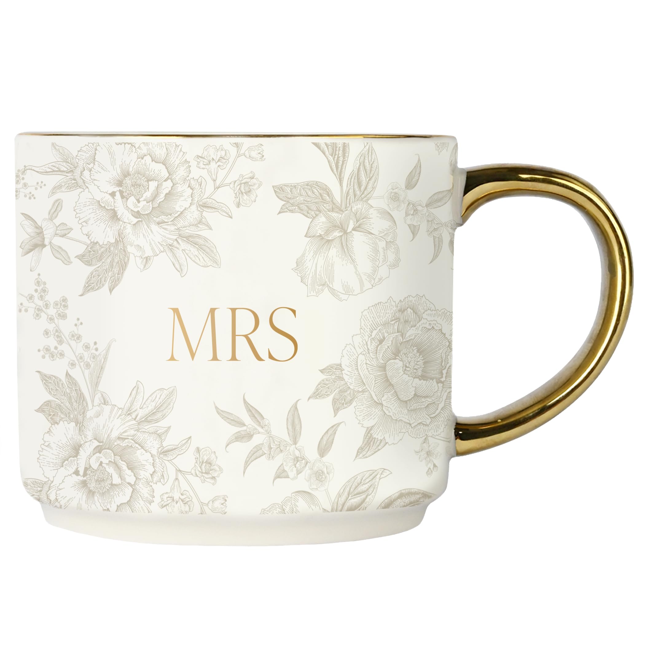 Sweet Water Decor Mrs Mug, 14oz Fine Bone China Coffee Cup with Gold Handle and Grey Delft Pattern, Bridal Shower Gift for Weddi