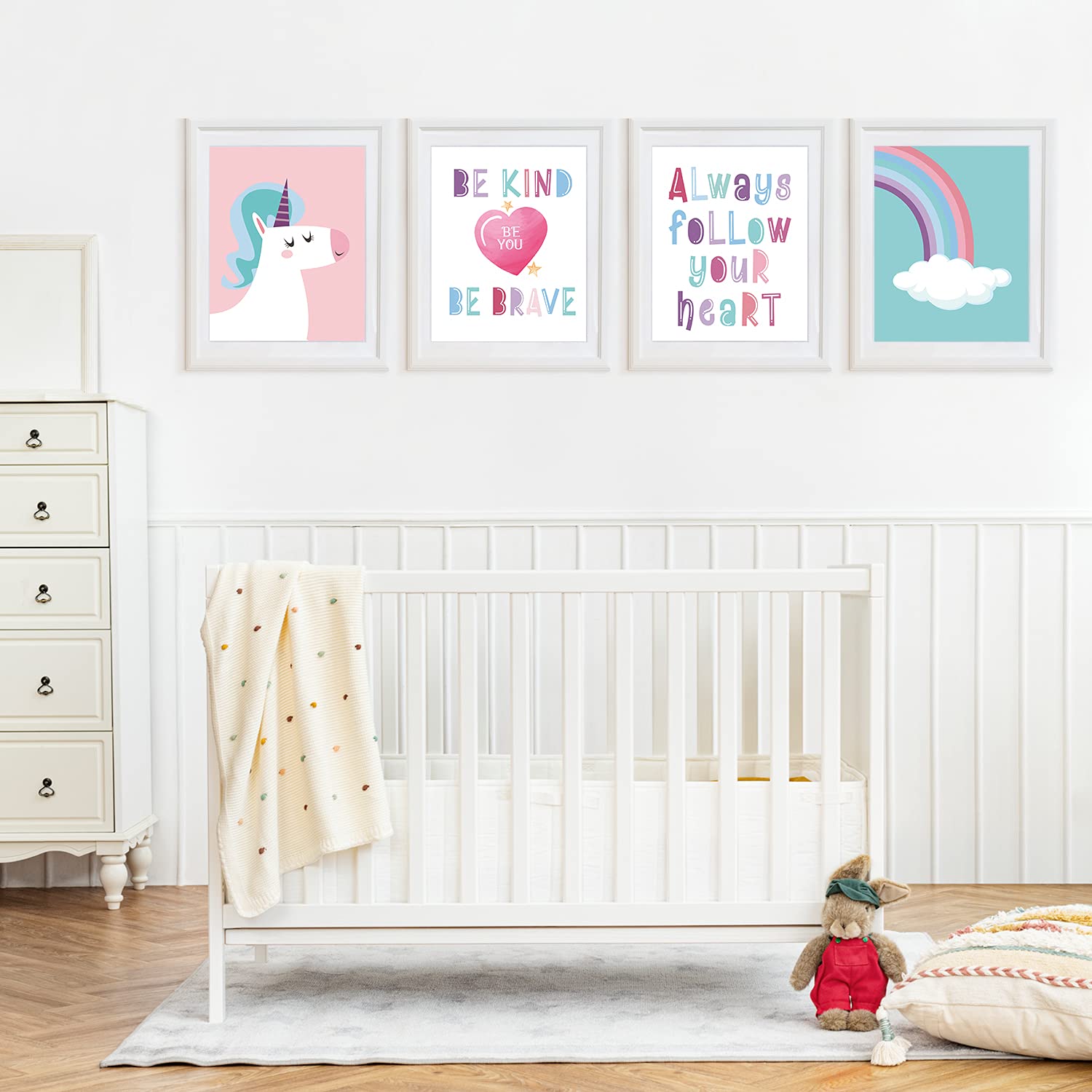 Rainbow Unicorn Theme Inspirational Words Art Print, Unicorn Art Poster For Nursery, Girls Kids Bedroom Wall Decor, Wall Decor F