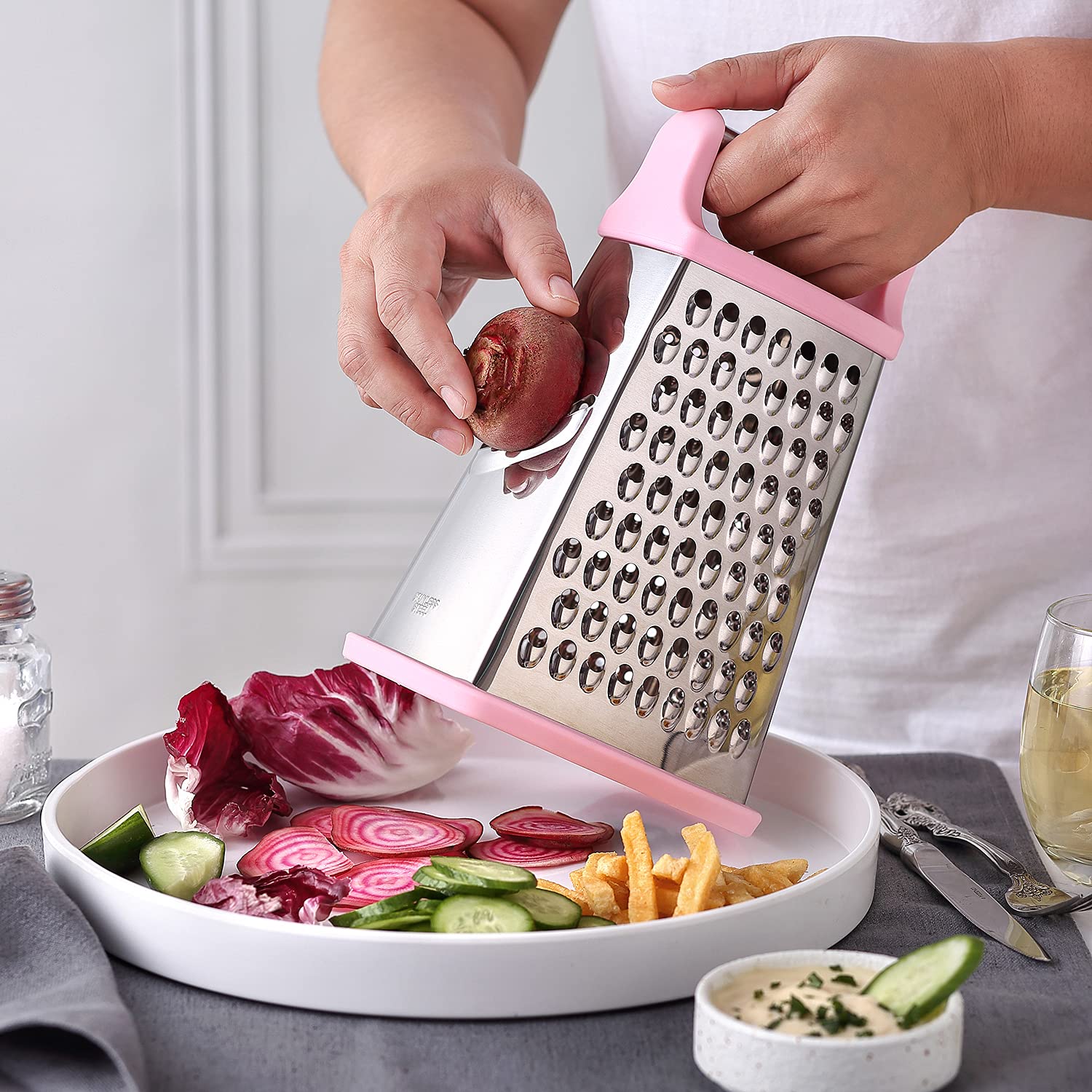 Spring Chef Professional Stainless Steel Xl Parmesan Cheese Grater With Handle - 4 Sided Box Grater For Kitchen - Dishwasher Saf