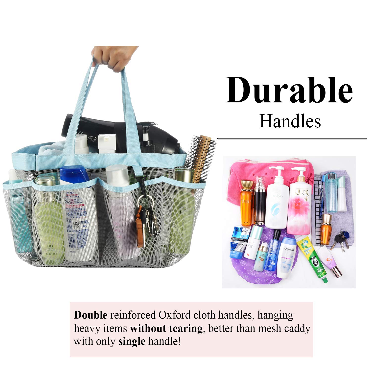 Haundry Mesh Shower Caddy Tote  Large College Dorm Bathroom Caddy Organizer with Key Hook and 2 Oxford Handles  8 Basket Pockets for Camp Gym