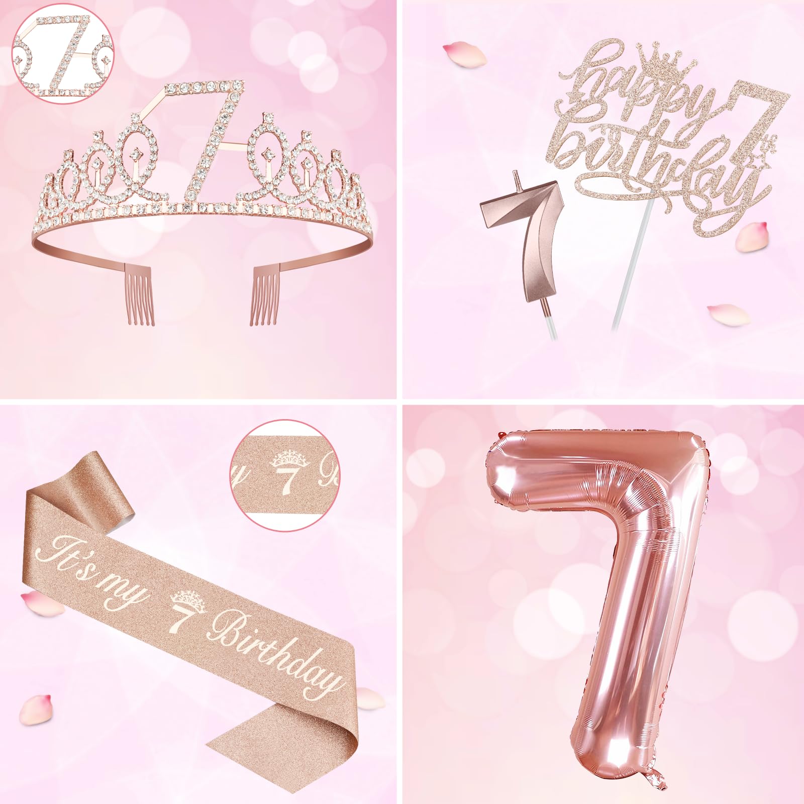 7Th Birthday Decorations For Girl Including 7Th Birthday Girl Sash And Tiara For Girls, 7 Birthday Candles And Cake Topper, 7 Ba