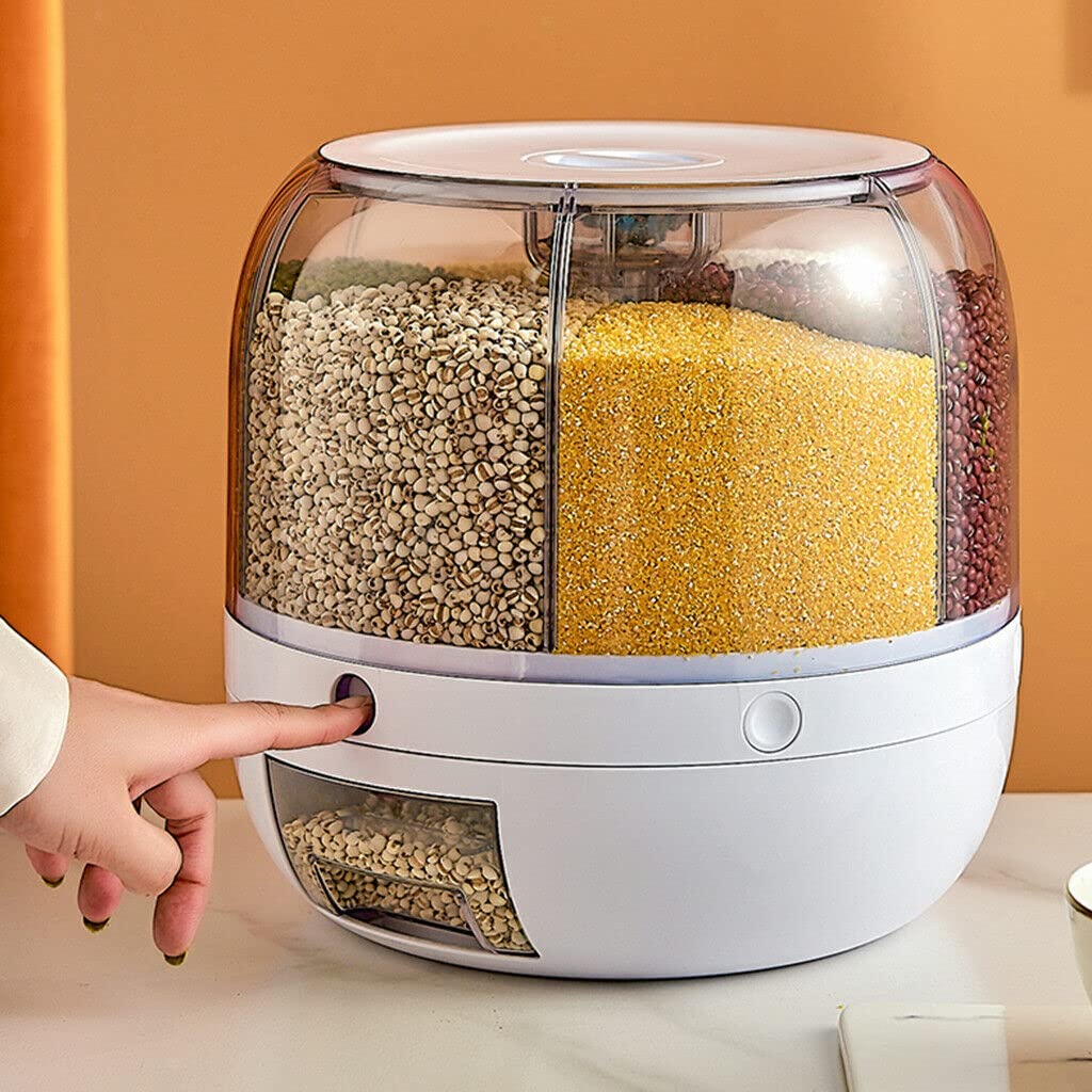 Matiko Automatic Plastic 360 Degree Rotation Cereal Dry Food Rice Grain Storage Dispenser Box, With Measuring Cup, 10 Kg, White 