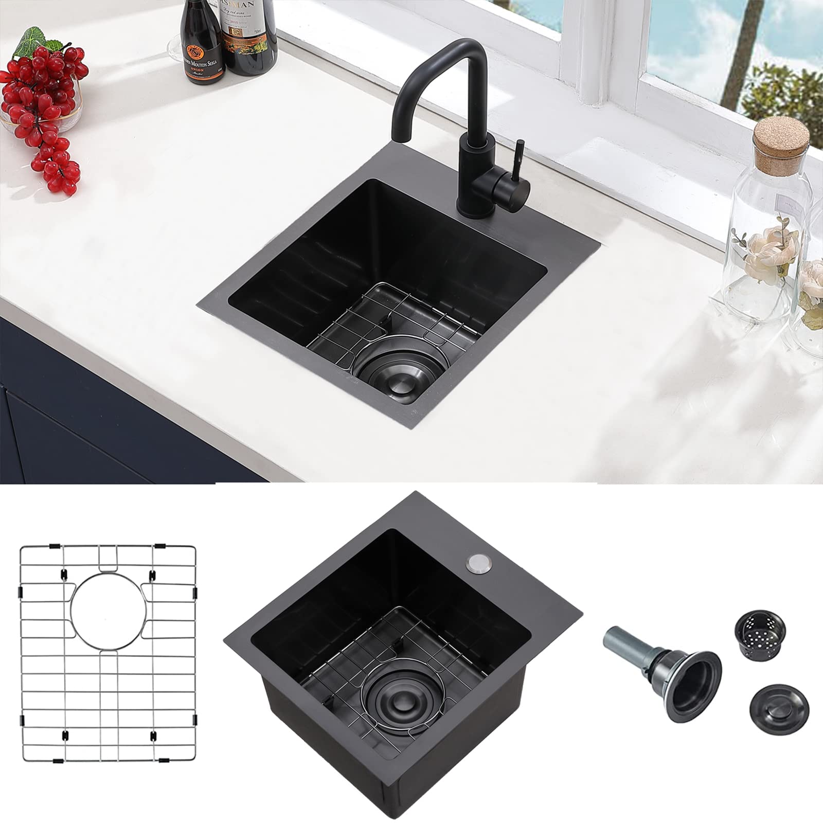 Vccucine Gunmetal Black Bar Sink Drop In, 13 X 15 Inch Topmount Rv Small Kitchen Sink, Handmade Stainless Steel Wet Bar Sink, Ou