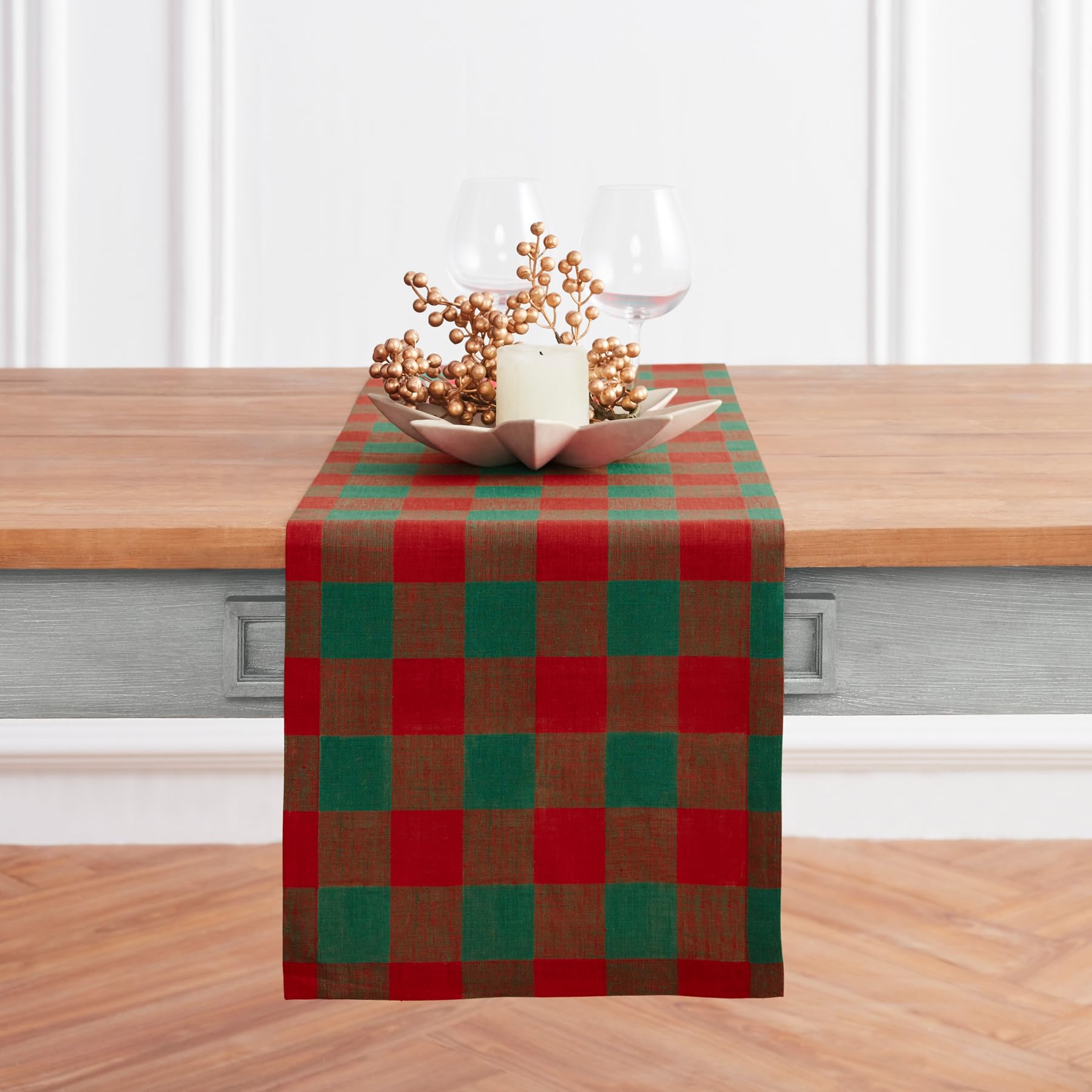 Solino Home Linen Check Table Runner 144 Inches Long - 100% Pure Linen Red And Green Buffalo Plaid Table Runner 14 X 144 Inch -