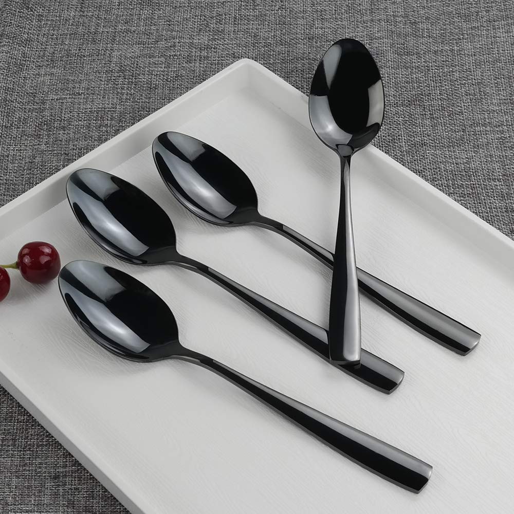 Teyyvn 16-Pack Black Stainless Steel Dinner Spoon, 8.03 Inches, Mirror Polished