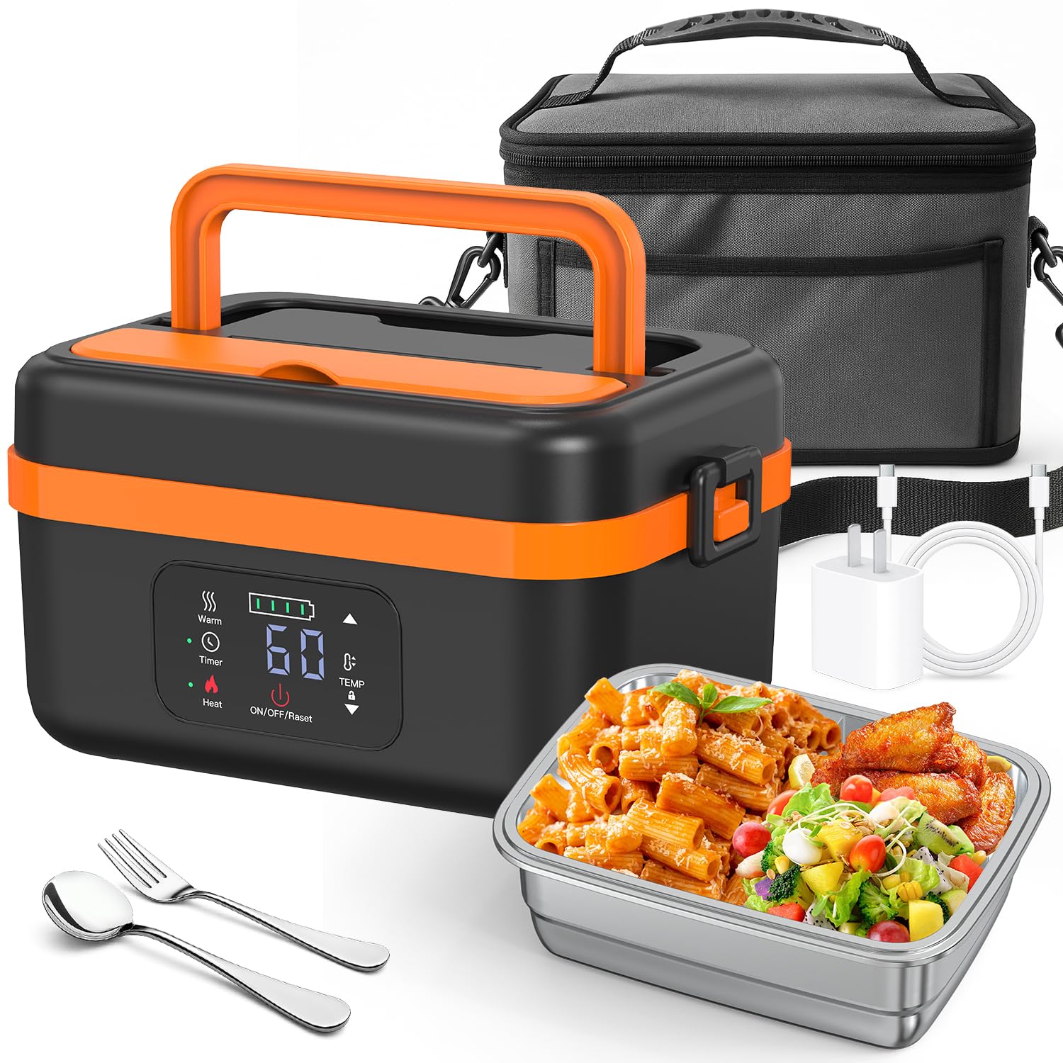 Aerkine Electric Lunch Box For Adults - Heated Lunch Box For Men Women Insulated & Self Heating, Battery Powered Food Warmers Wi