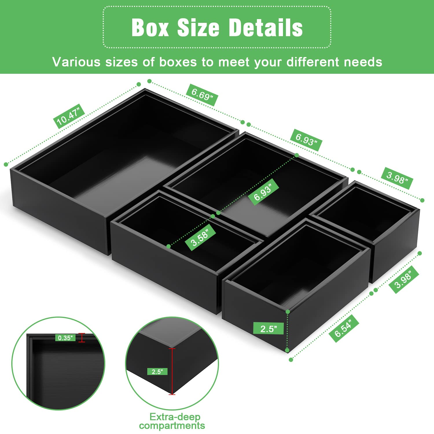 Black Bamboo Bathroom Drawer Organizer, Wooden Kitchen Utensil Holder Set of 5, Stackable Junk Drawer Organizer Tray, Multi-Use