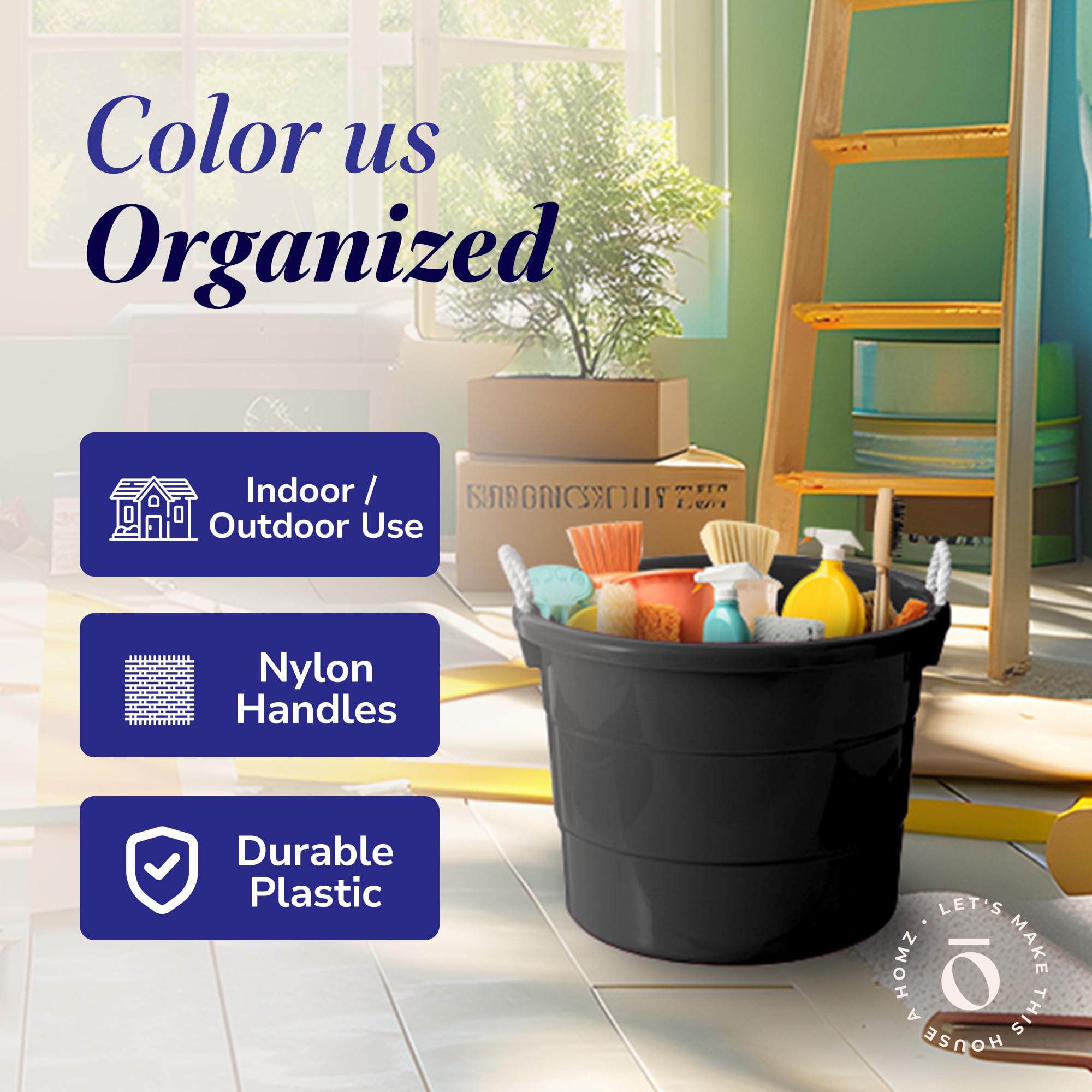 Homz Multi Purpose 17 Gallon Plastic Open Top Storage Round Utility Tub with Rope Handles for Indoor or Outdoor Home Organization  Black (2 Pack)