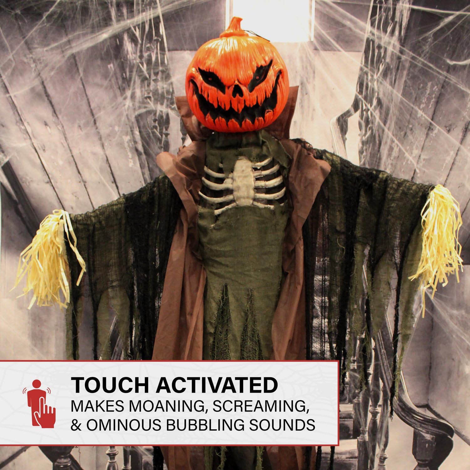Haunted Hill Farm Life-Size Poseable Pumpkin Scarecrow, Halloween Animatronic with Touch Activated Lights and Sound, Scary Frigh