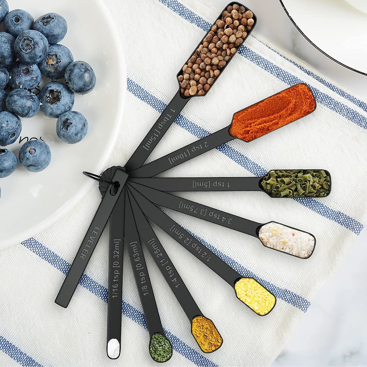 Wildone Black Measuring Cups & Spoons Set Of 21 - Includes 7 Stainless Steel Nesting Measuring Cups, 8 Measuring Spoons, 1 Level