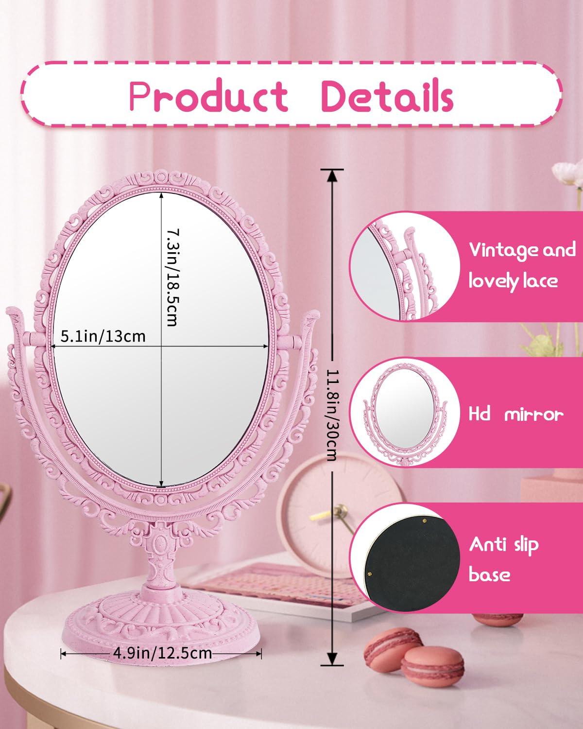 Xpxkj Pink Vintage Vanity Mirror Shabby Chic Decor | 360 Rotating Double-Sided Table Makeup Mirror With Stand Bedroom Decoration