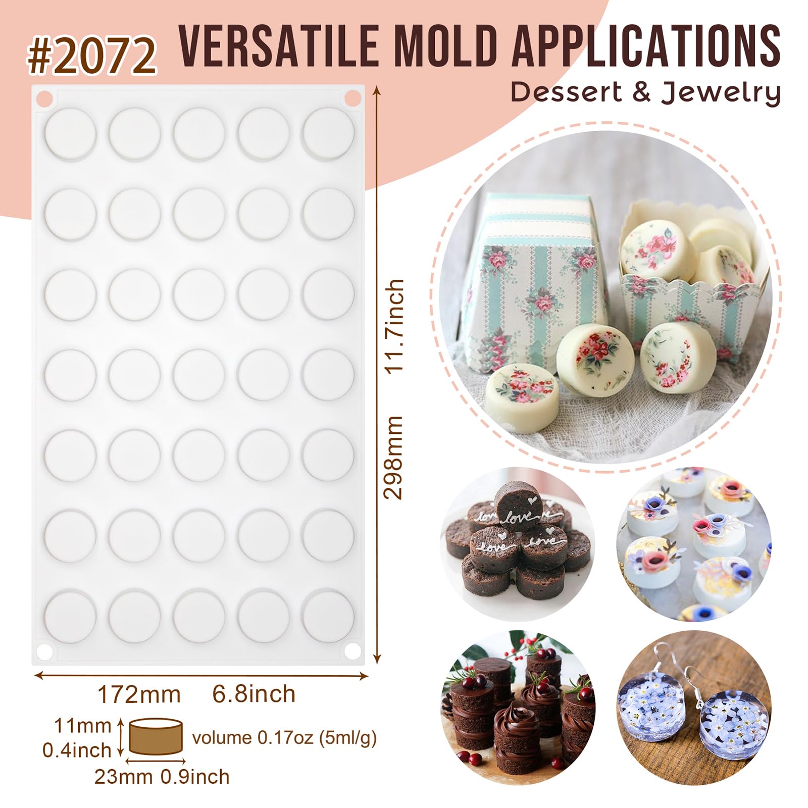 Funshowcase Flat Round Disc Silicone Mold Baking Tray 2 Sizes For Mini Tart Cookie Dessert Chocolate Caramel Candy Epoxy Uv Resi
